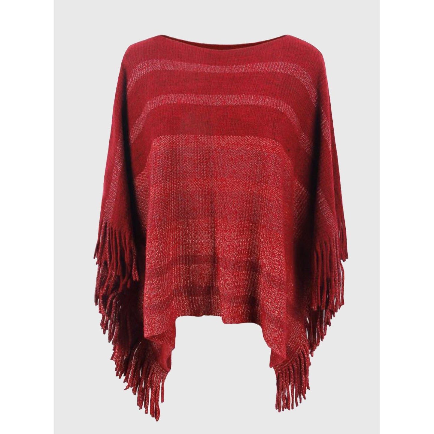 Striped Boat Neck Poncho with Fringes