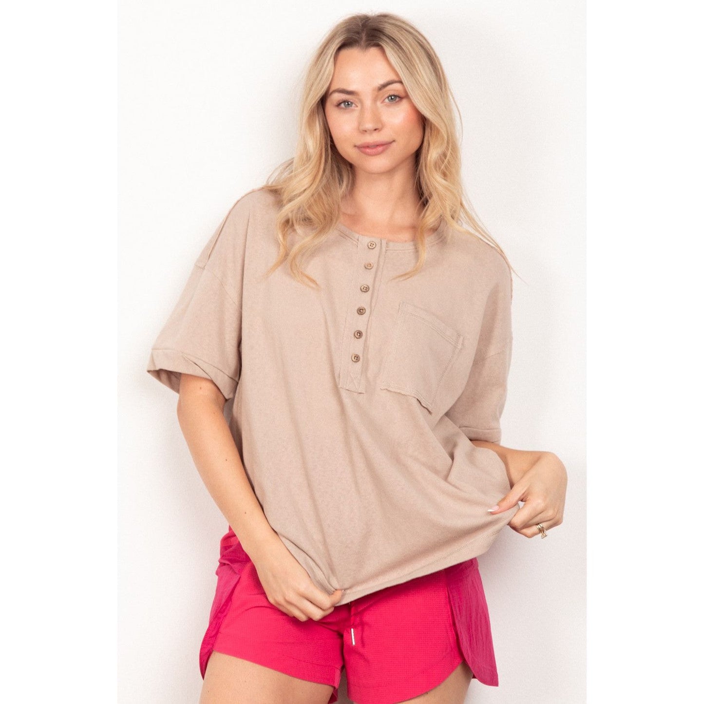 VERY J Twisted Sleeve Band Half Button Top