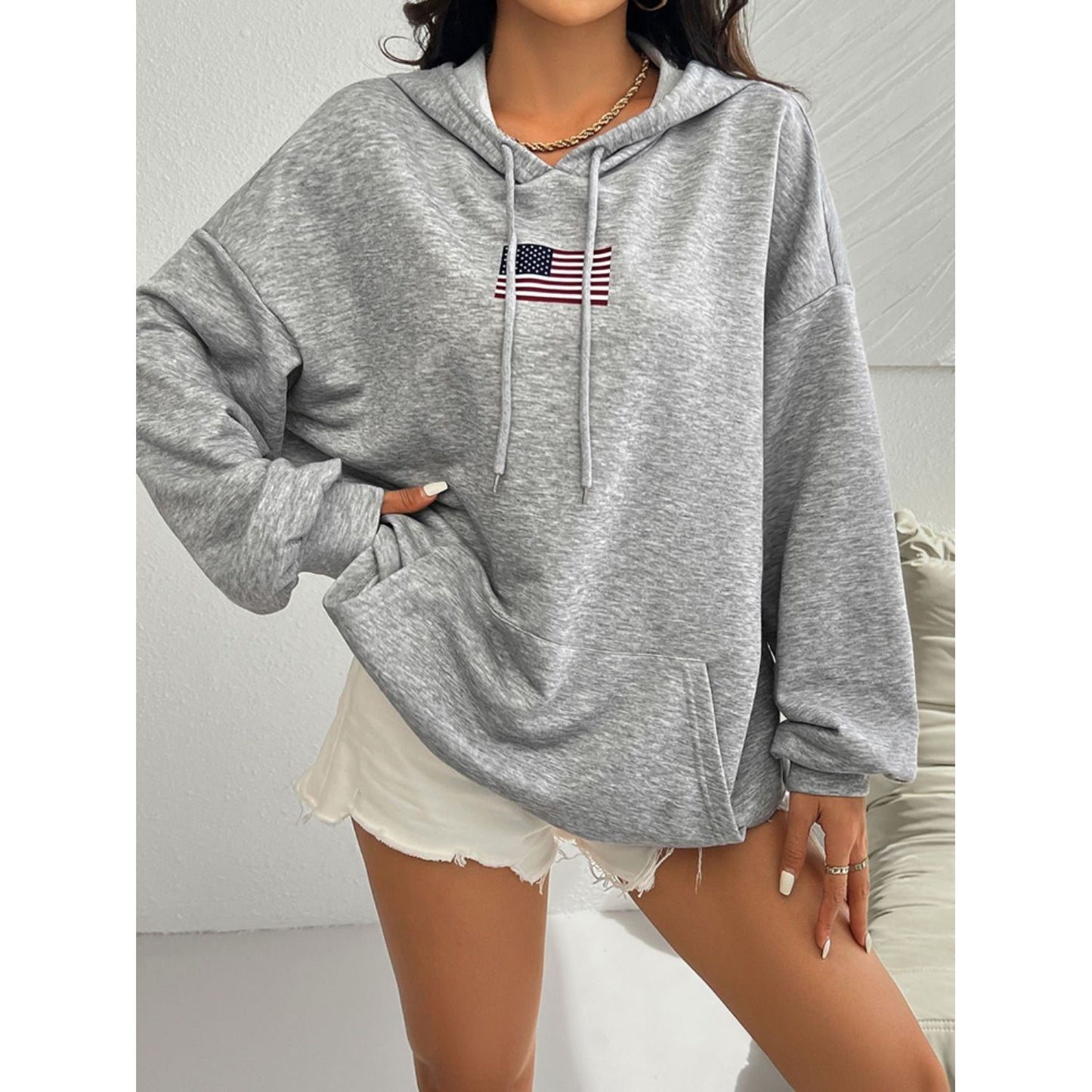 Devine Drawstring US Flag Long Sleeve Hoodie