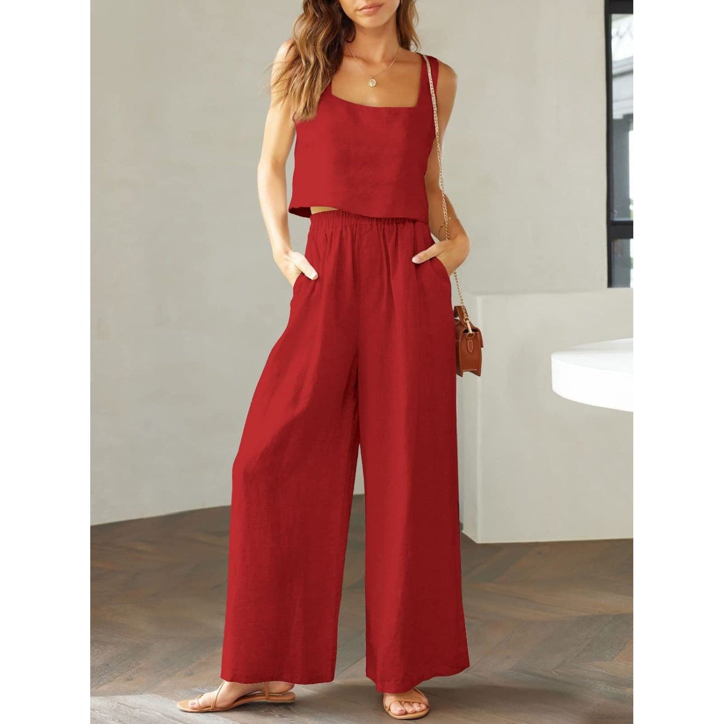 Square Neck Top and Wide Leg Pants Set