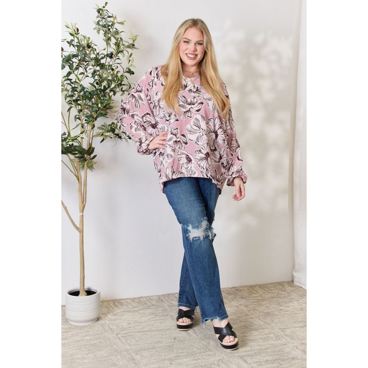 Heimish Full Size Floral V-Neck Balloon Sleeve Blouse