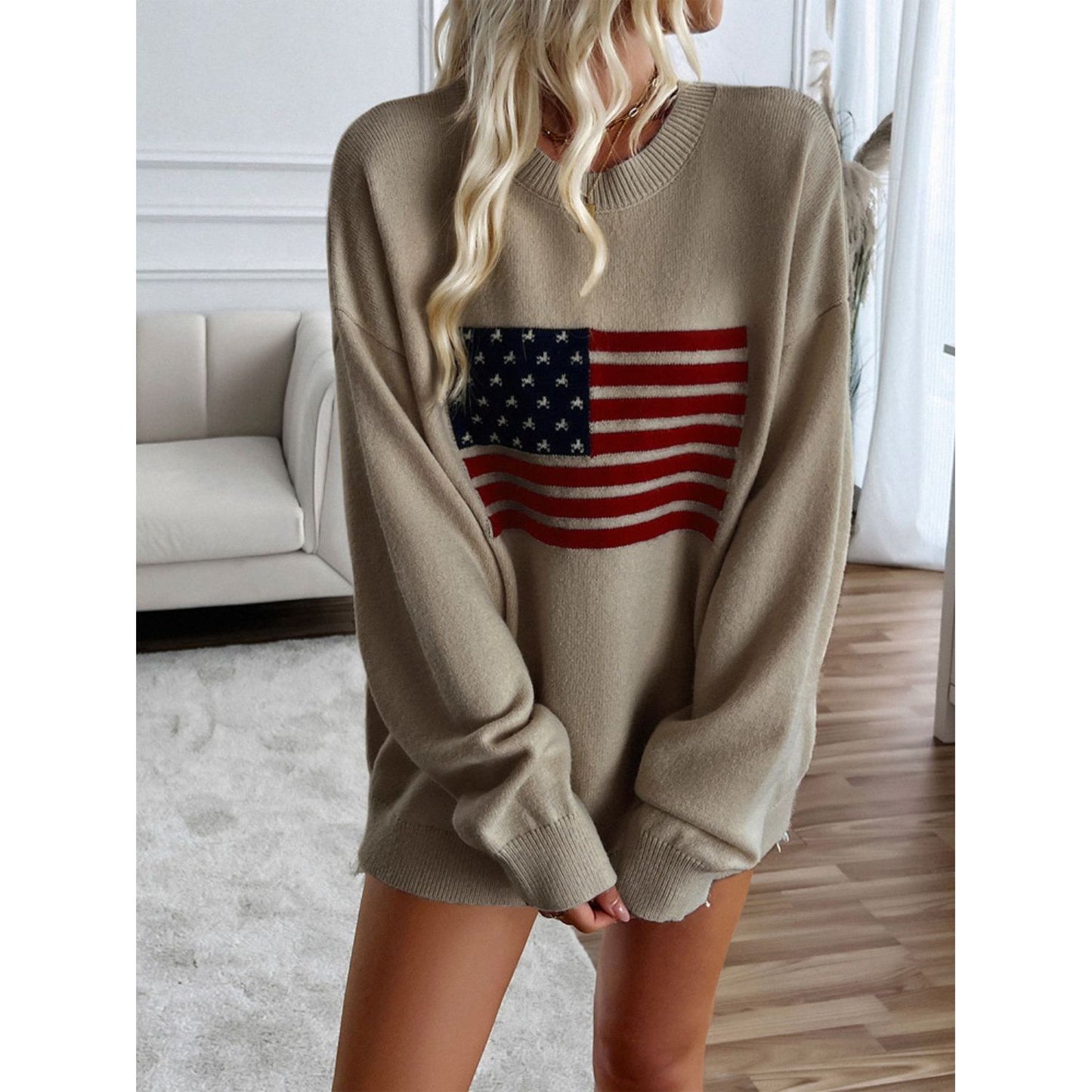 Devine US Flag Round Neck Long Sleeve Knit Top