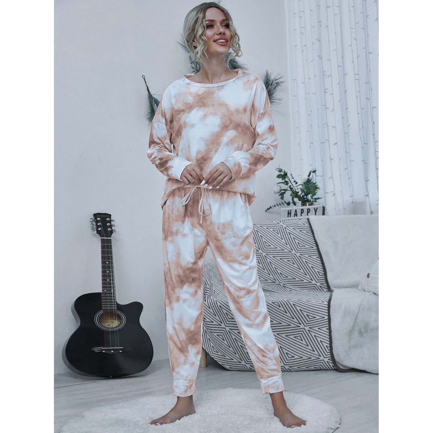 Shiny Tie-dye Round Neck Top and Drawstring Pants Lounge Set