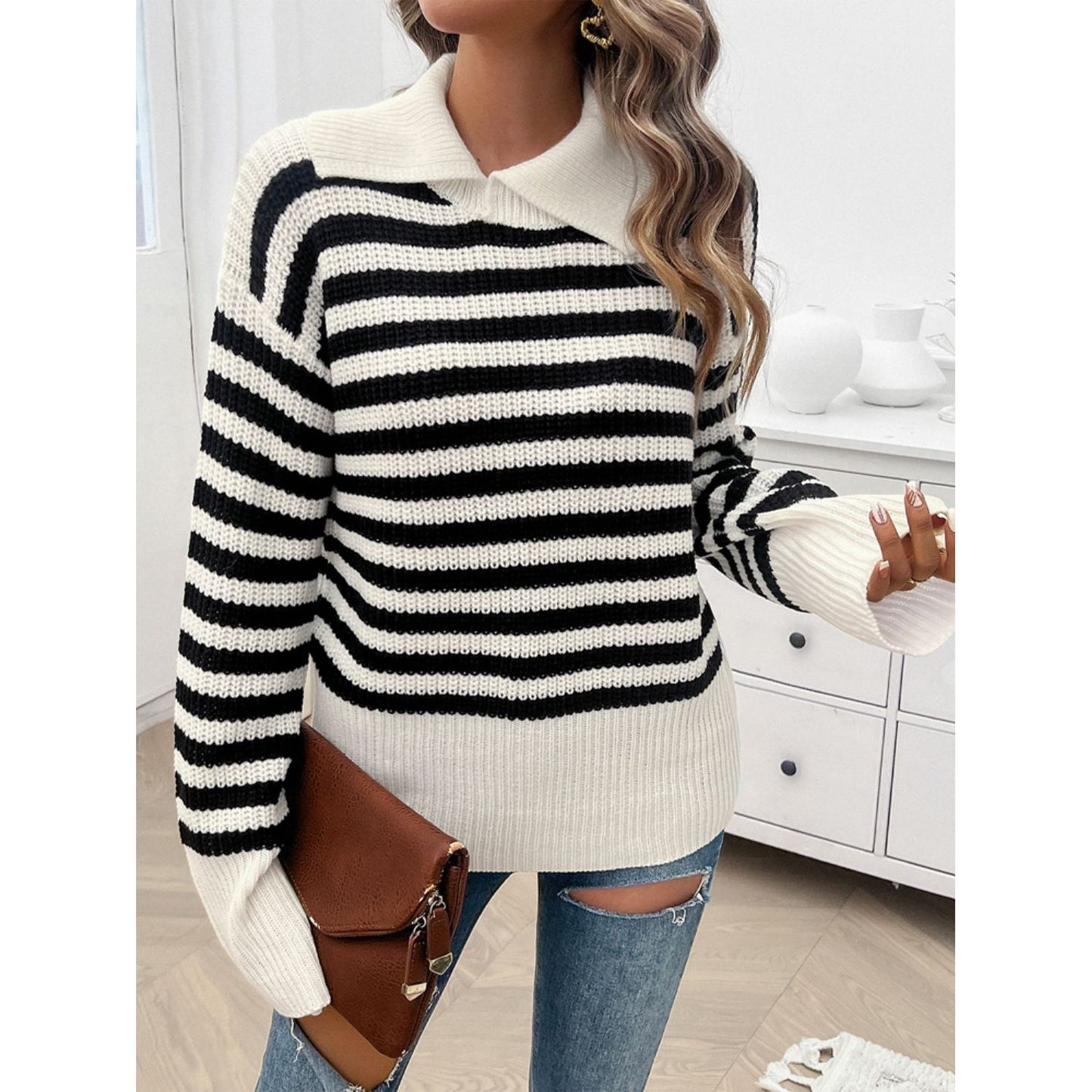 Devine Striped Collared Neck Long Sleeve Sweater