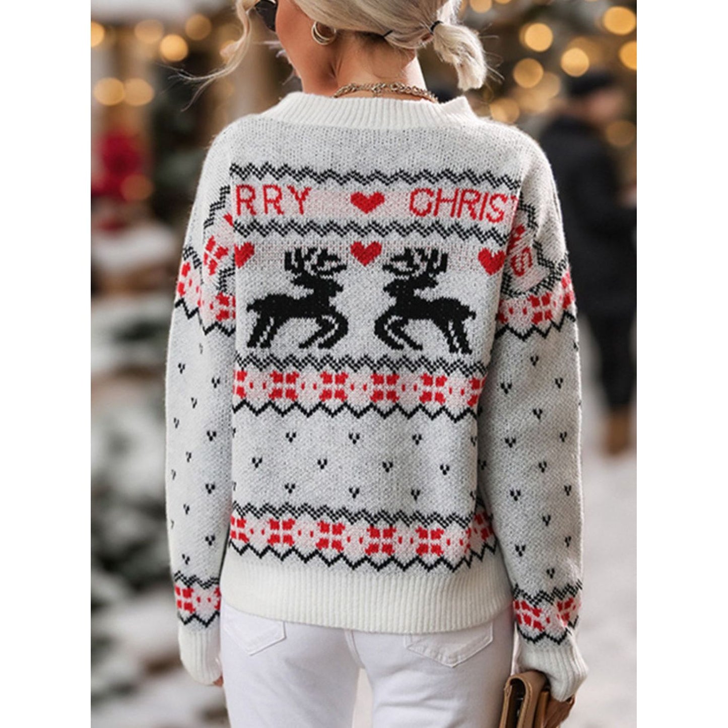 Perfee Reindeer Round Neck Long Sleeve Sweater