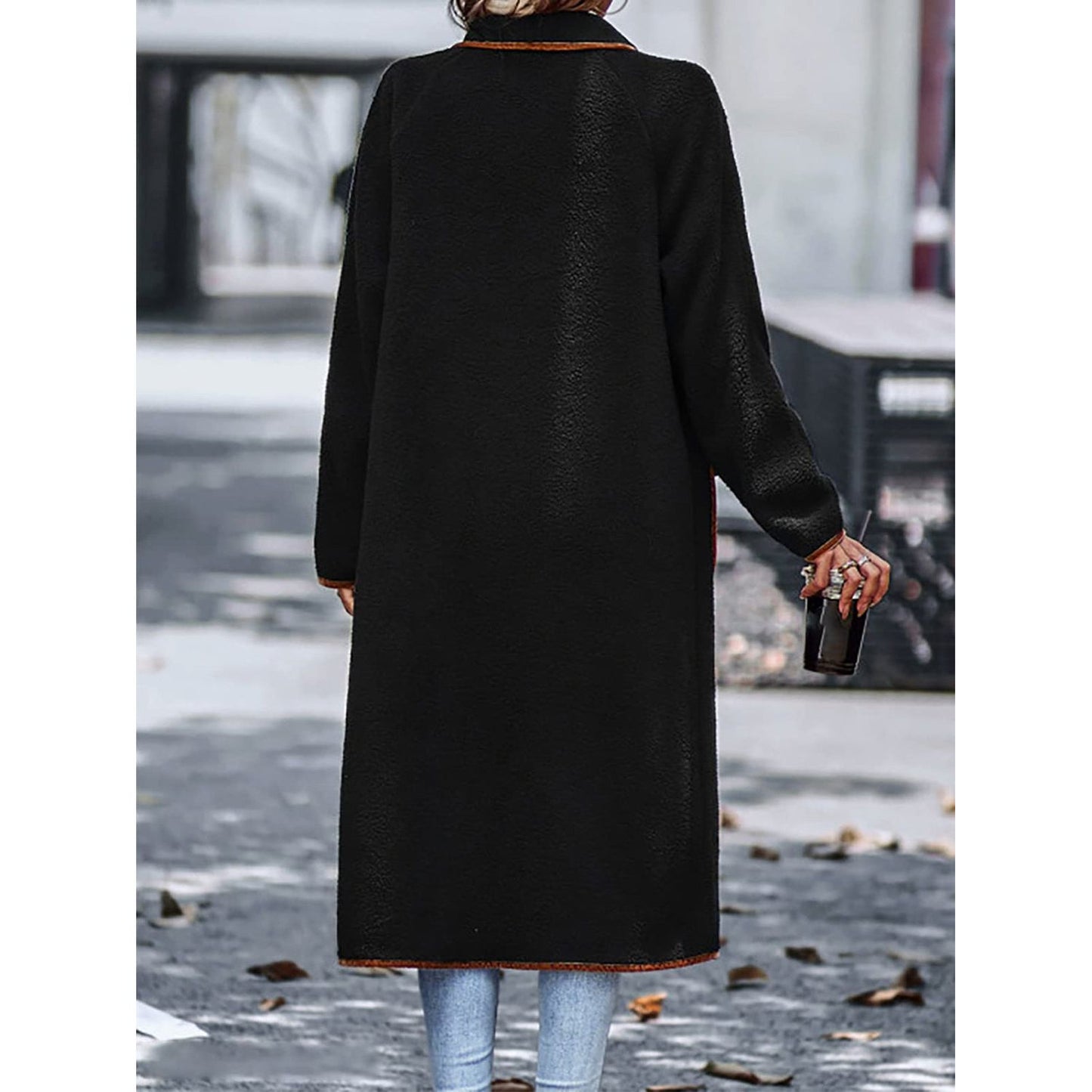 Full Size Contrast Trim Long Sleeve Coat with Pockets