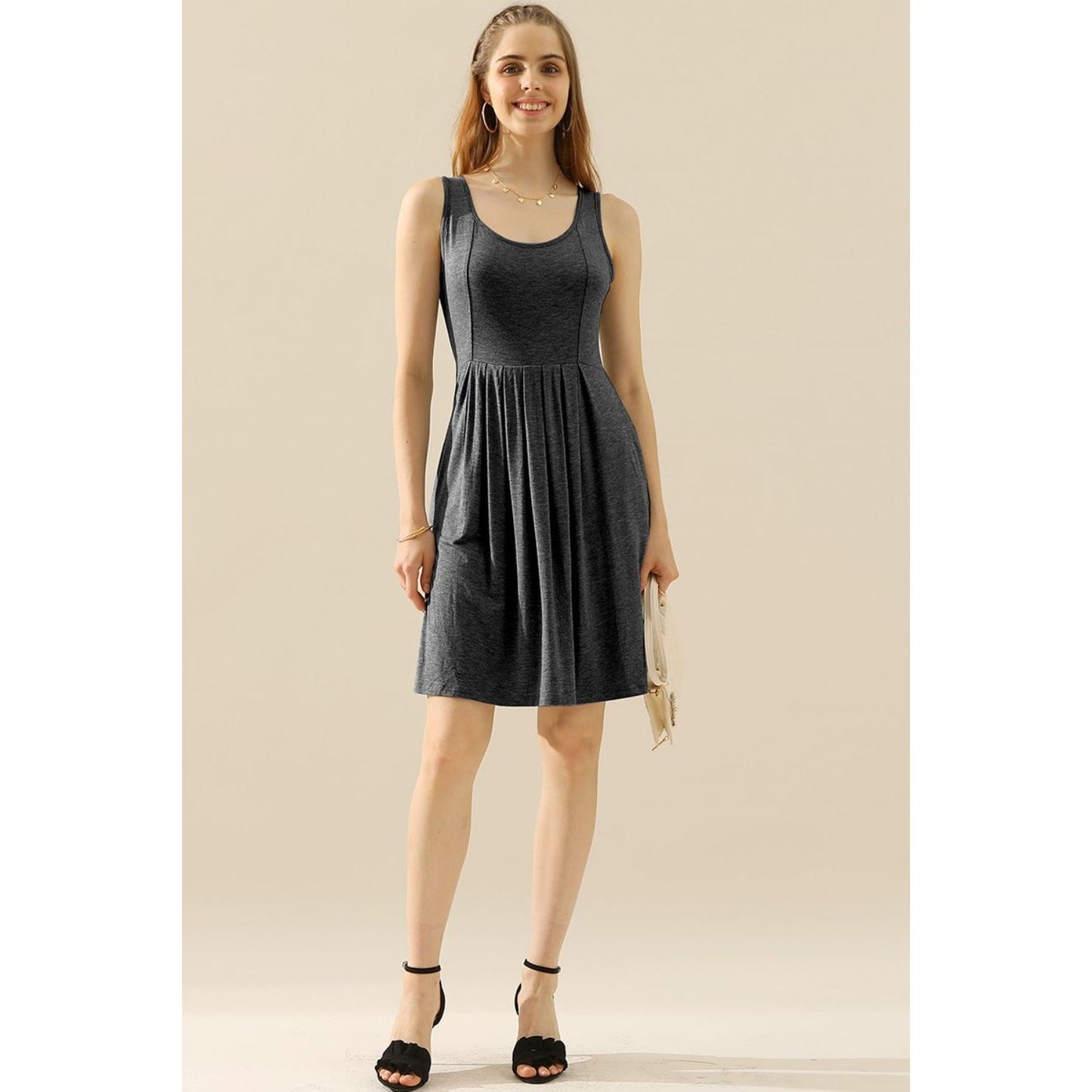 Doublju Full Size Round Neck Ruched Sleeveless Dress with Pockets