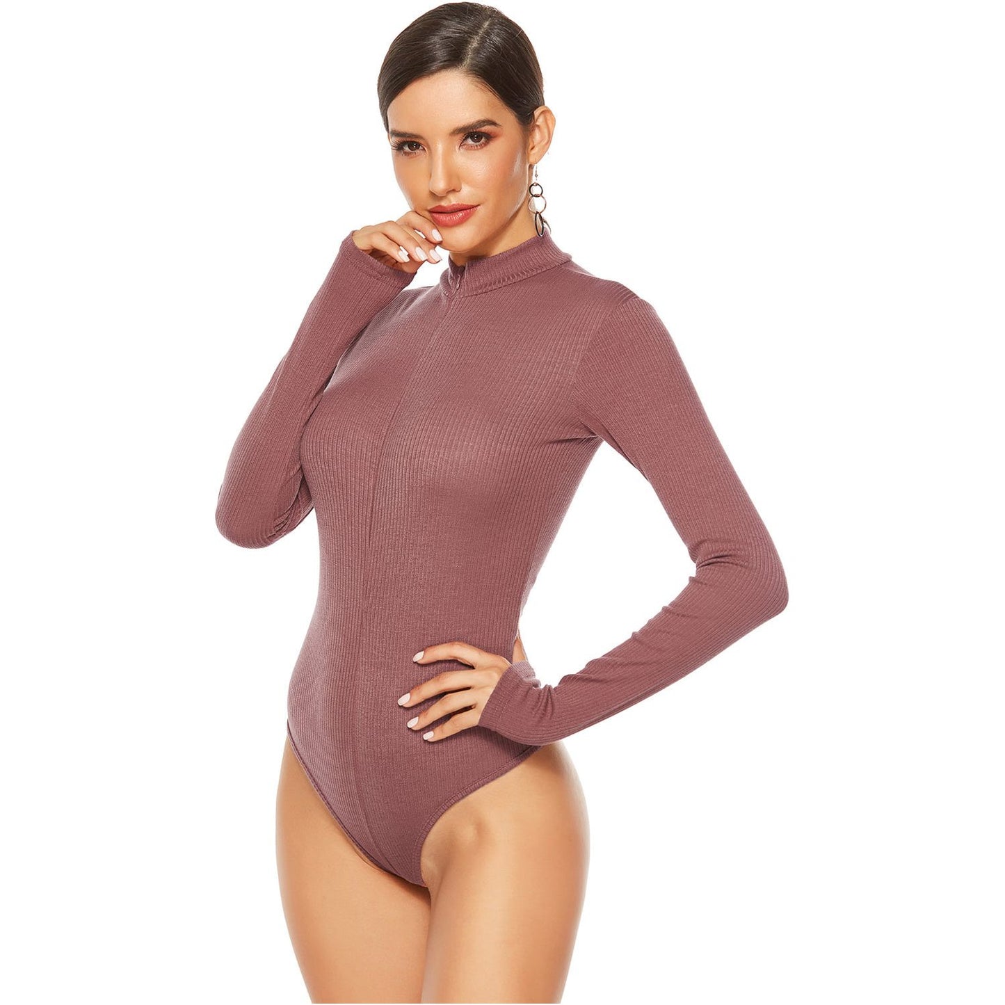 Full Size Ribbed Half Zip Long Sleeve Bodysuit