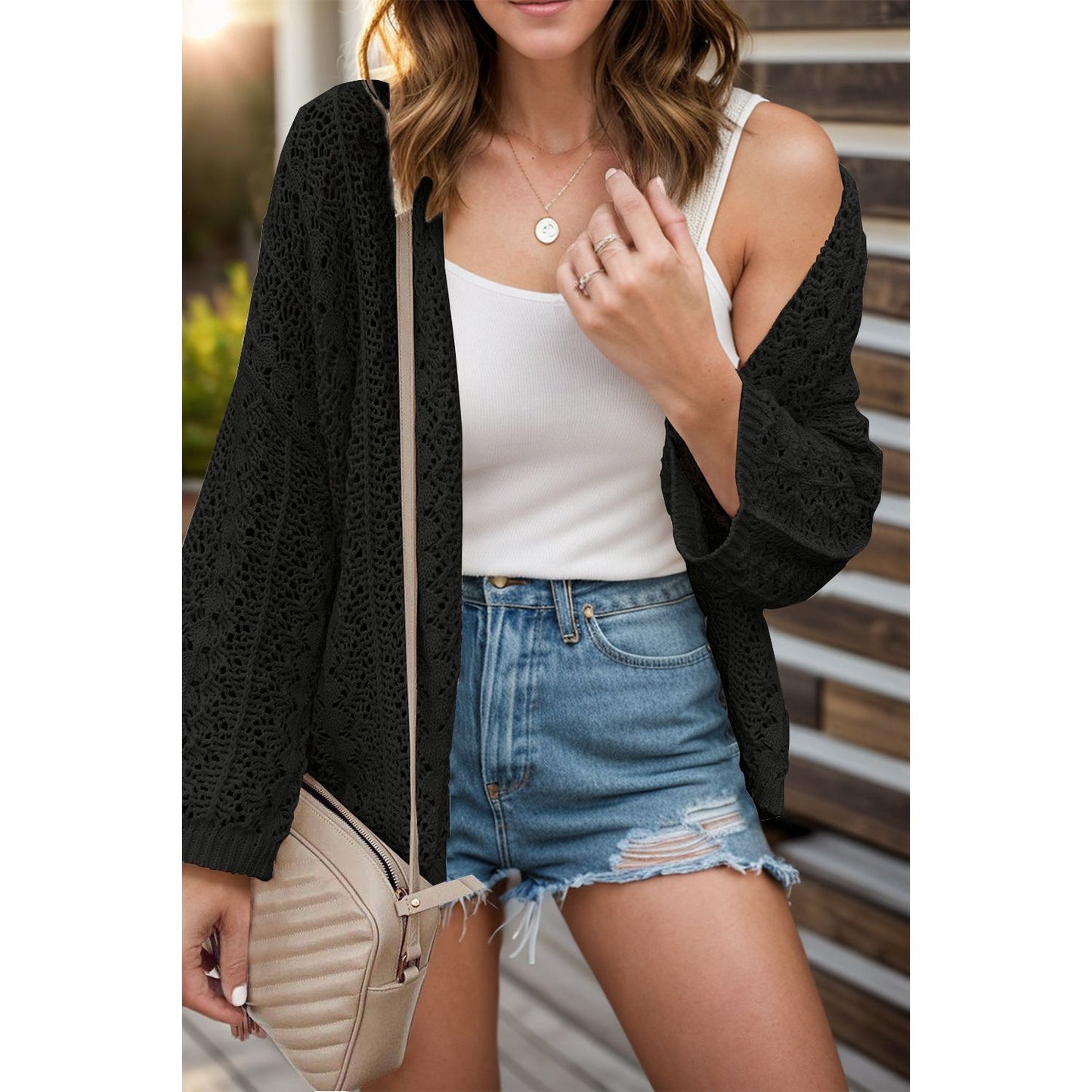 Openwork Open Front Dropped Shoulder Cardigan