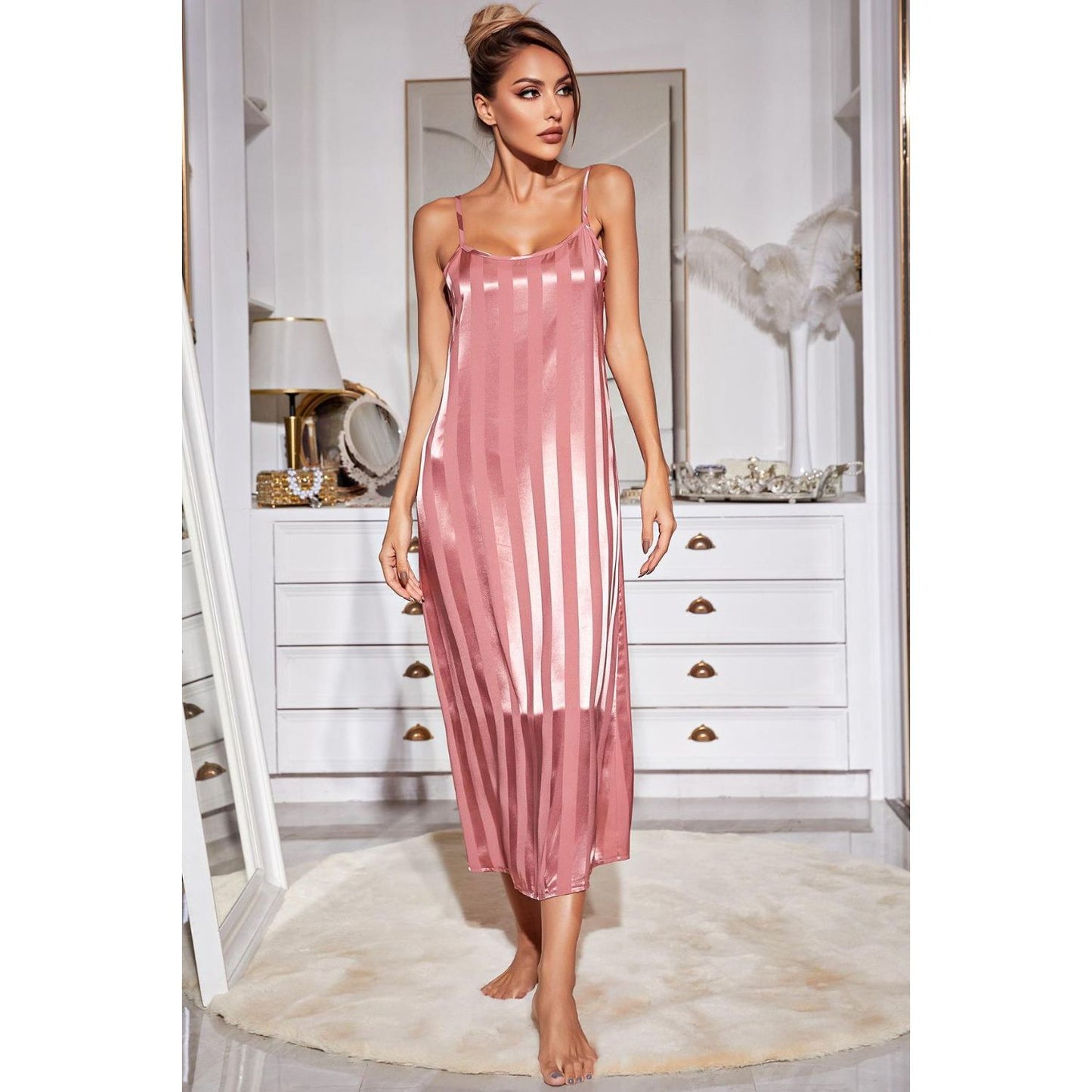 Striped Flounce Sleeve Open Front Robe and Cami Dress Set