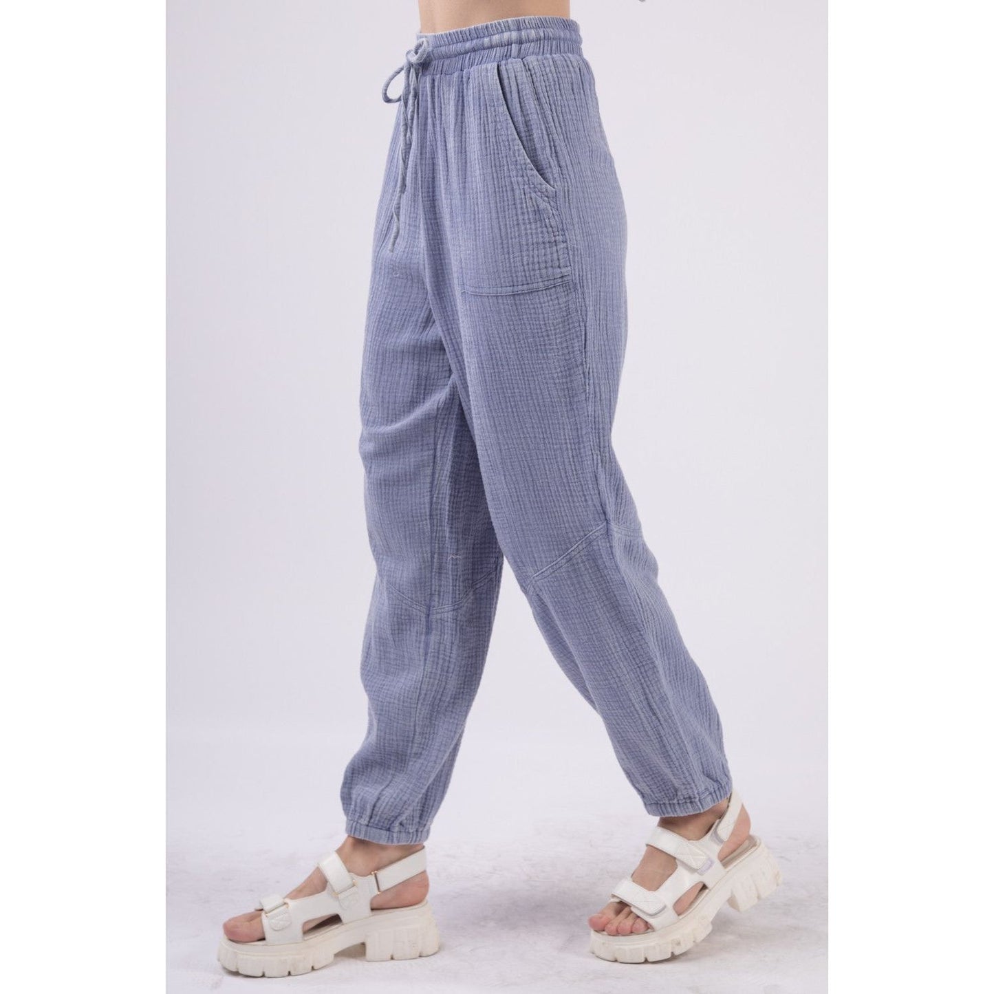 VERY J Washed Woven Crinkle Gauze Drawstring Cargo Pants