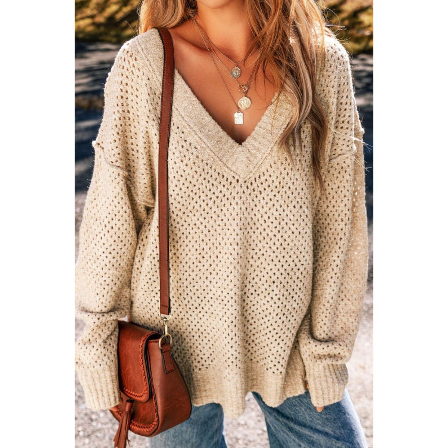 V-Neck Dropped Shoulder Long Sleeve Sweater