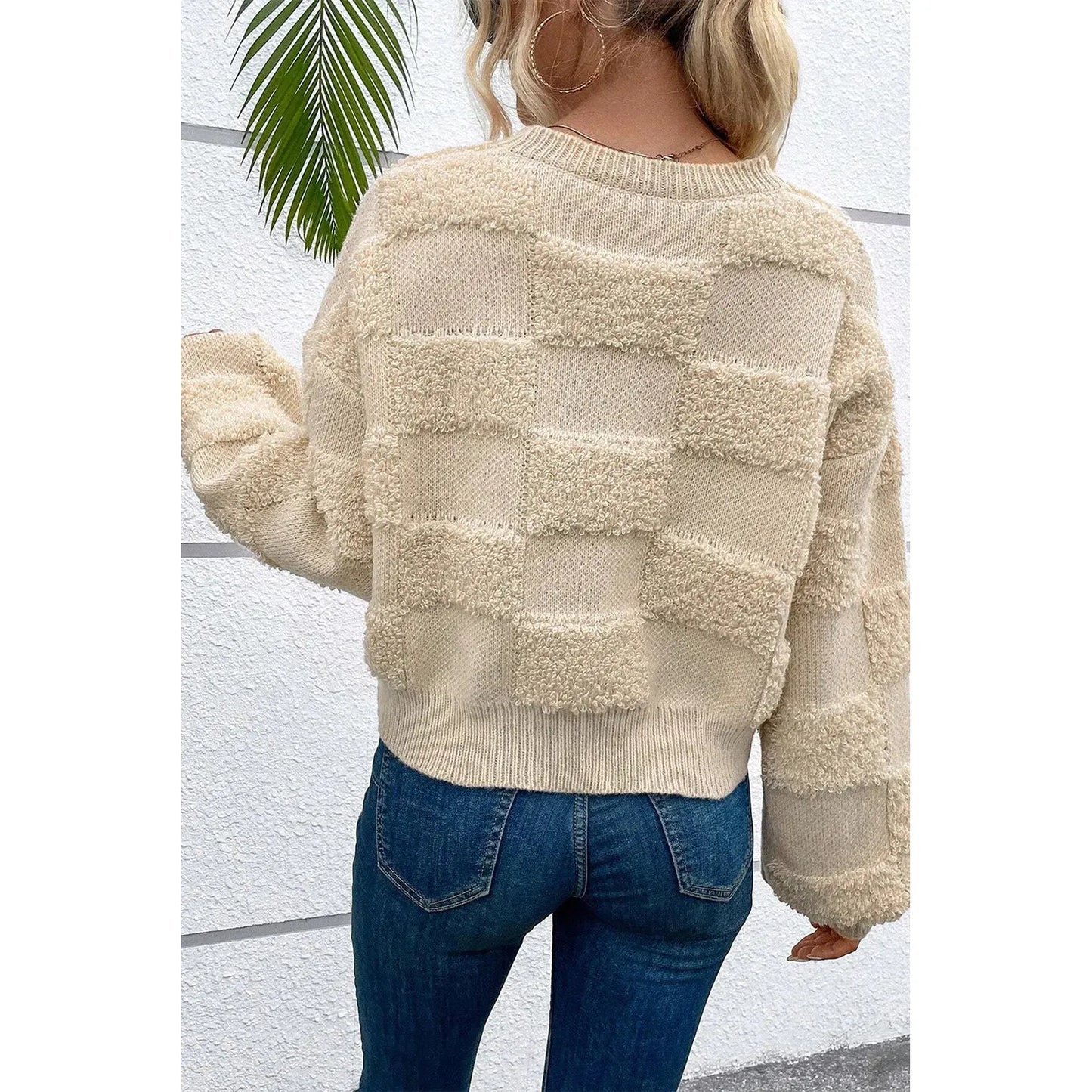 Checkered Round Neck Dropped Shoulder Sweater