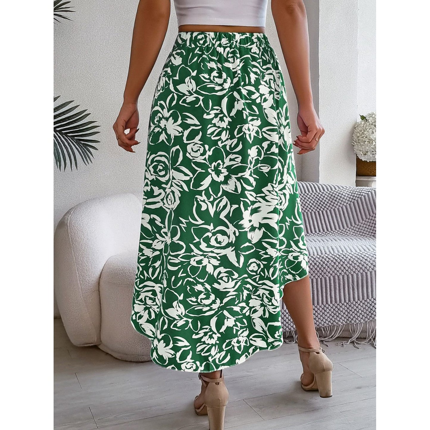 High-Low Printed High Waist Skirt