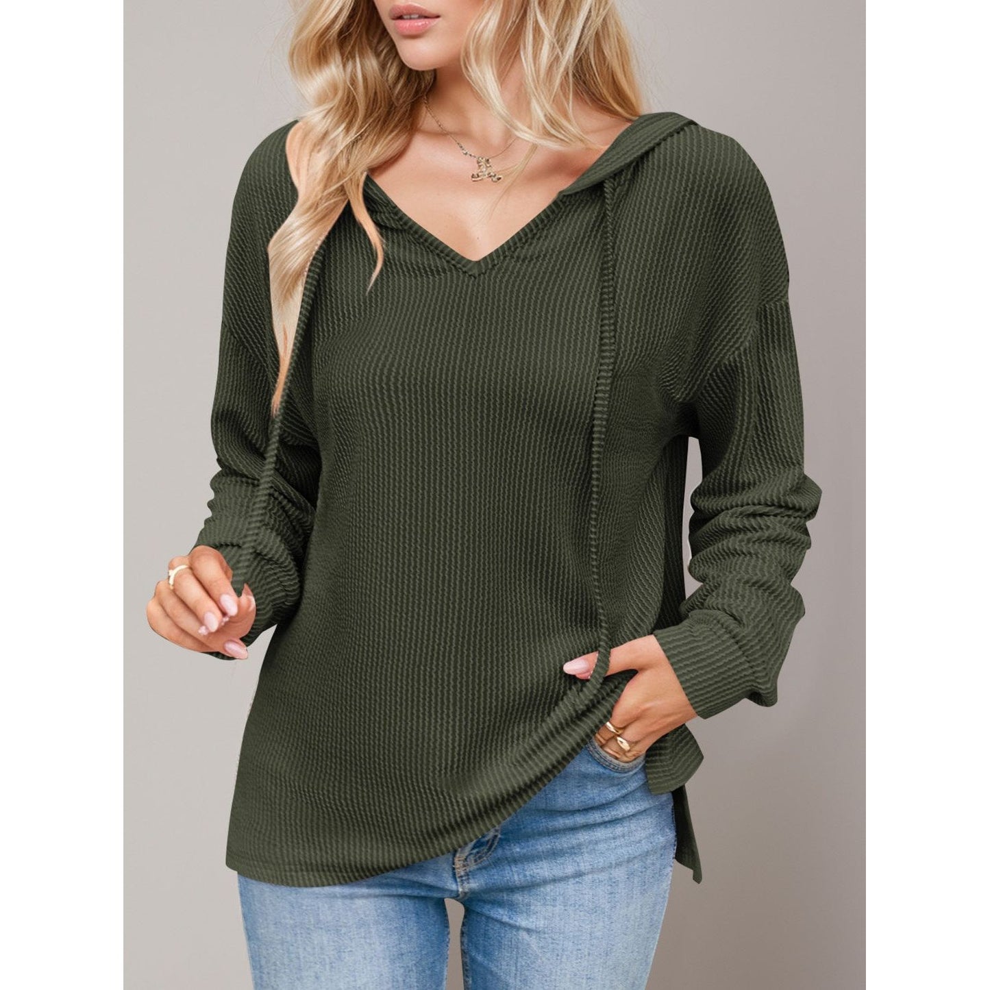 Double Take Drawstring Dropped Shoulder Long Sleeve Hoodie