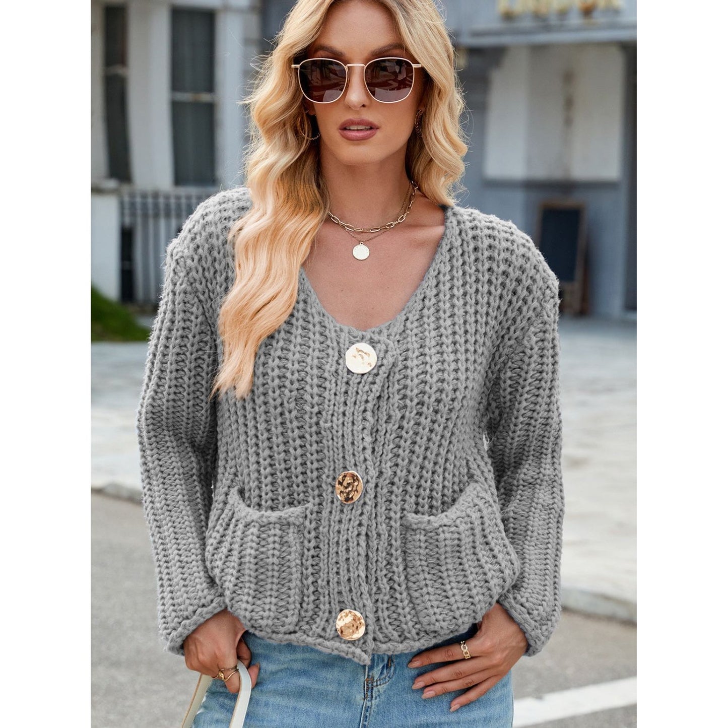 Round Neck Button Up Cardigan with Pockets