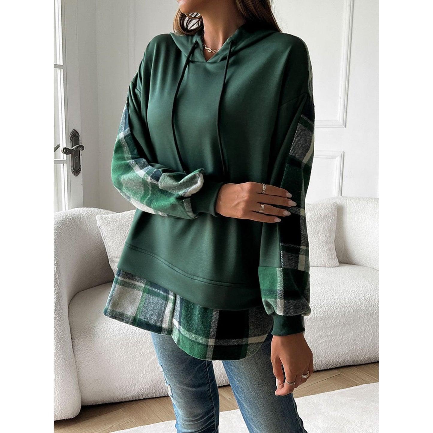 Devine Drawstring Plaid Long Sleeve Hoodie