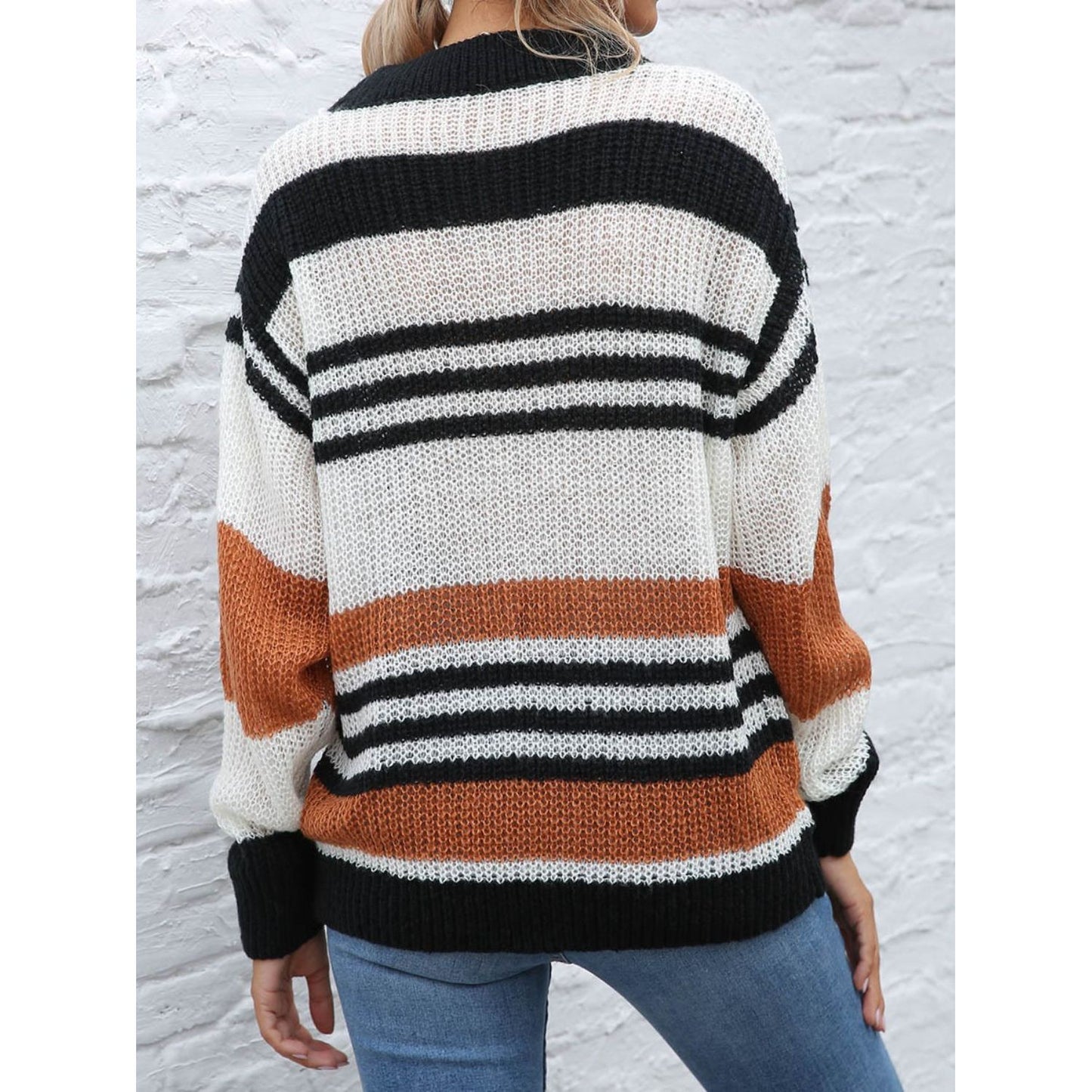 Contrast Striped Round Neck Long Sleeve Sweater