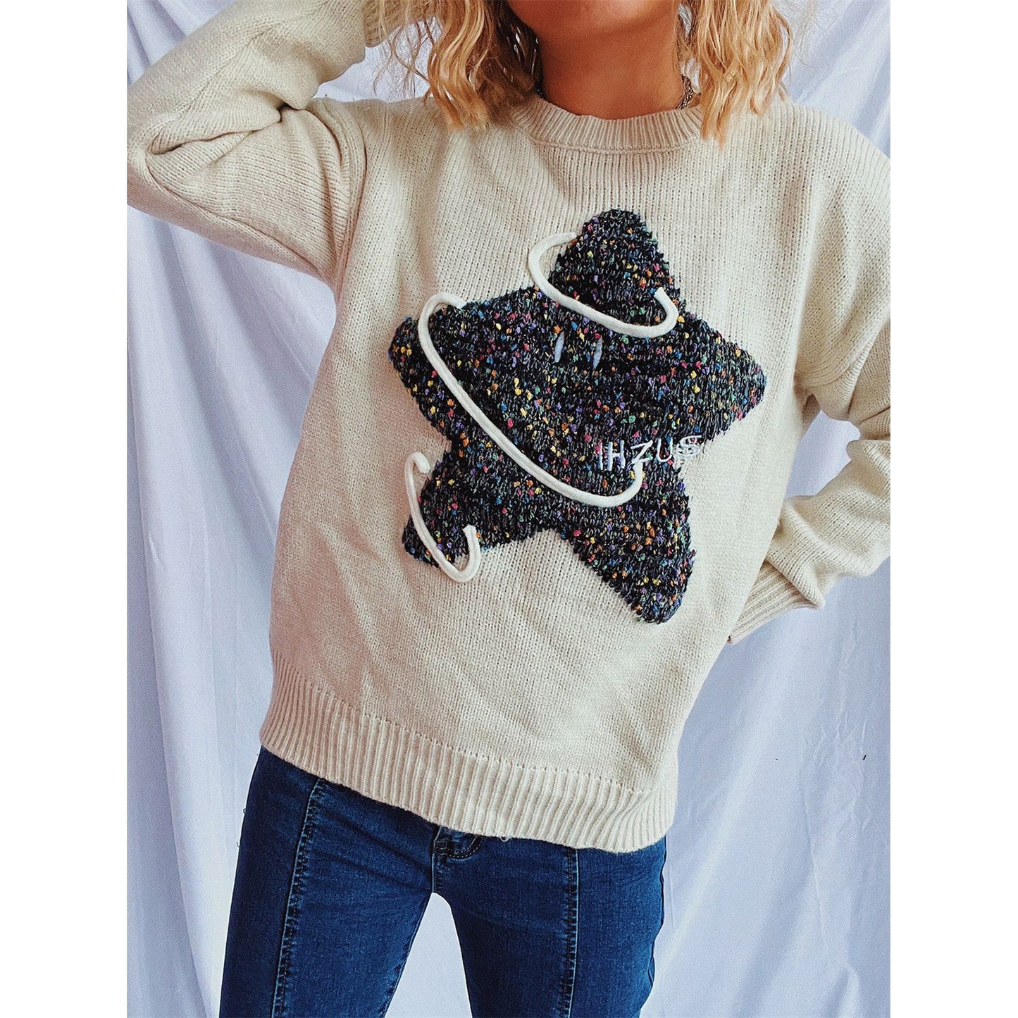 Contrast Star Round Neck Long Sleeve Sweater