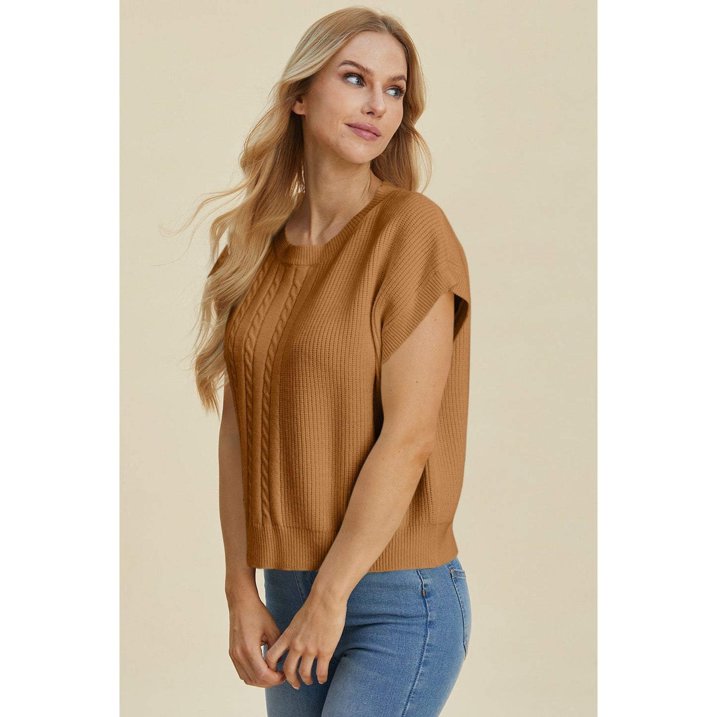 Double Take Full Size Cable-Knit Round Neck Short Sleeve Sweater