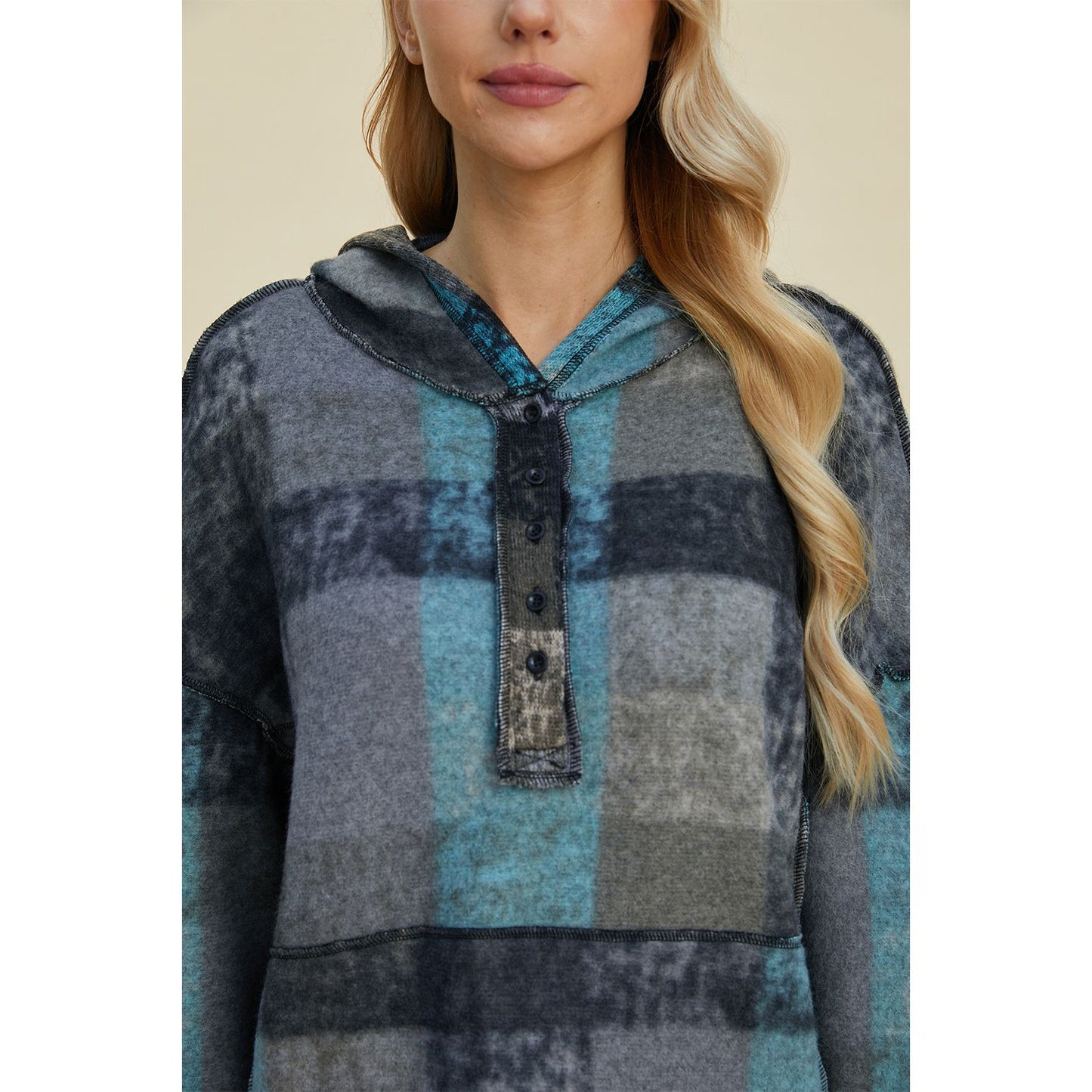 Double Take Full Size Plaid Dropped Shoulder Hoodie