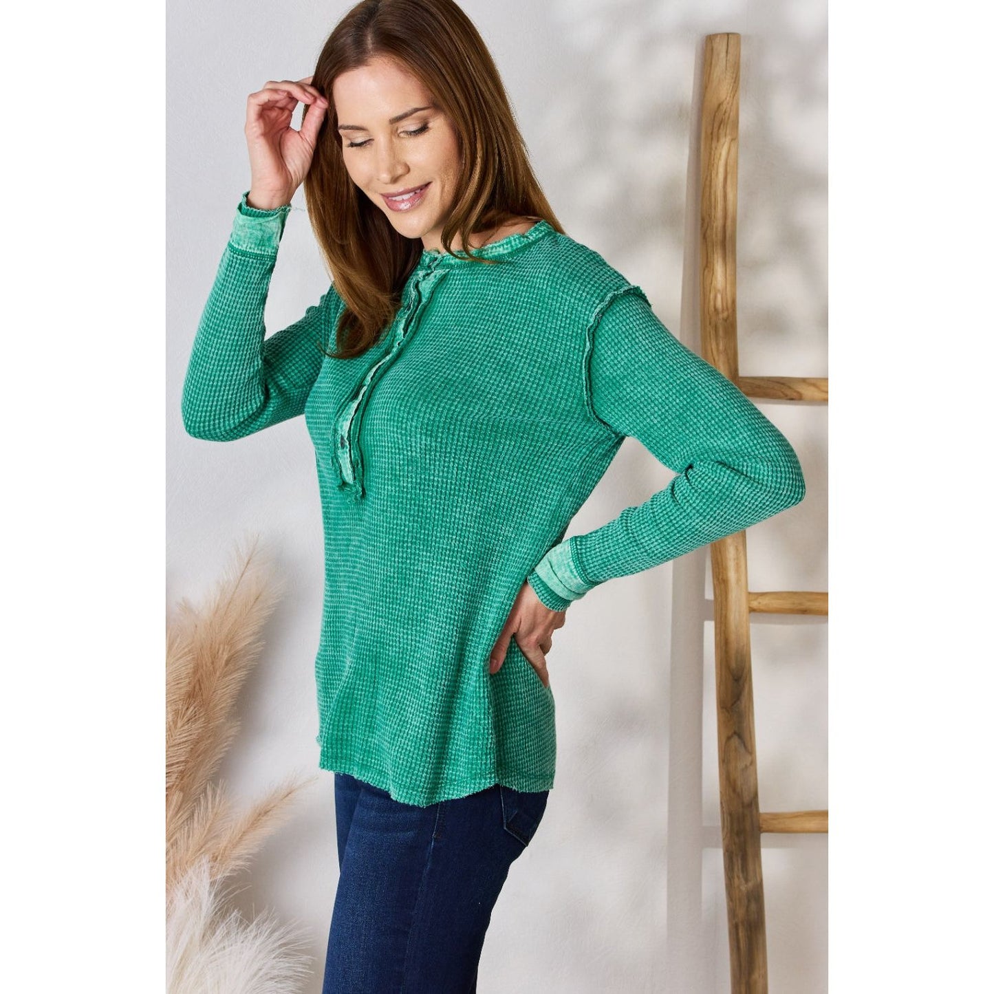 Zenana Washed Half Button Exposed Seam Waffle Top