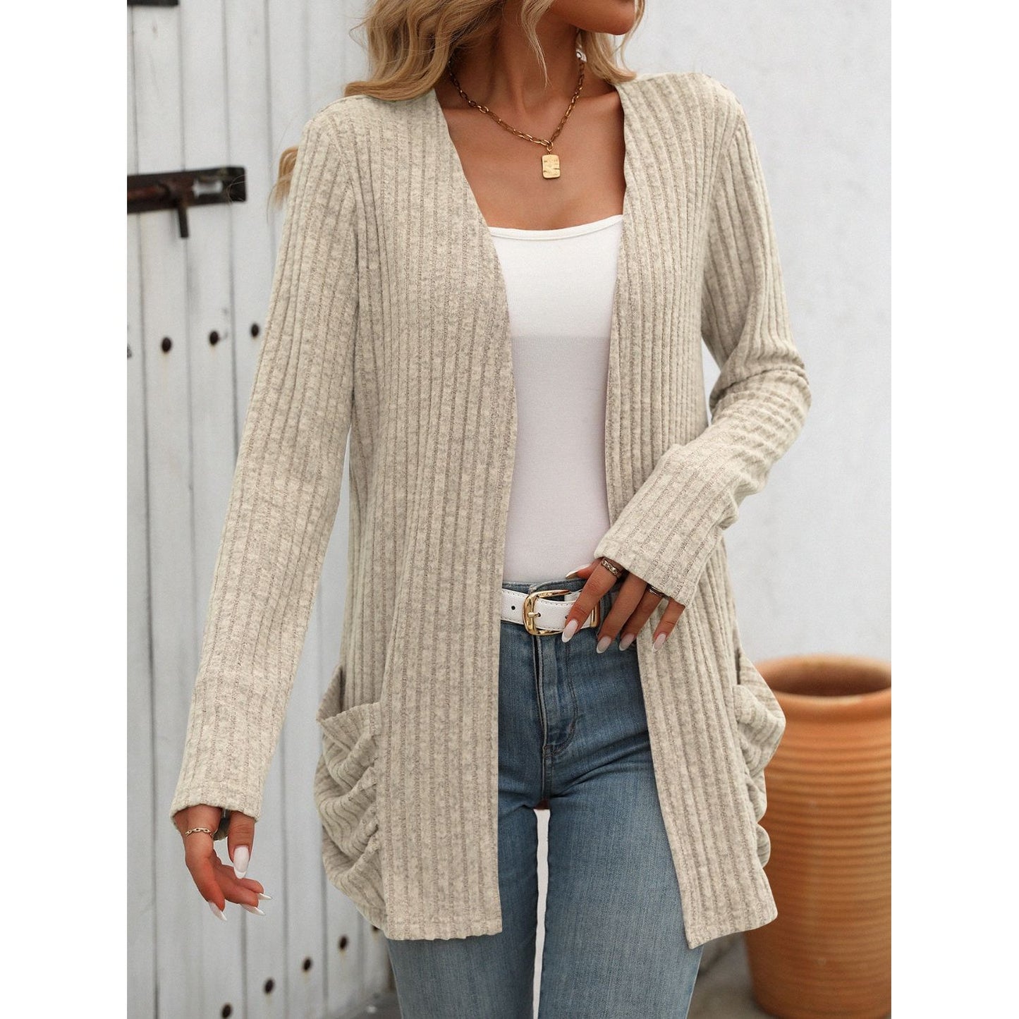 Open Front Long Sleeve Ribbed Cardigan