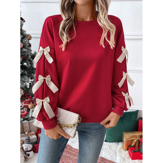 Perfee Bow Round Neck Long Sleeve Sweatshirt