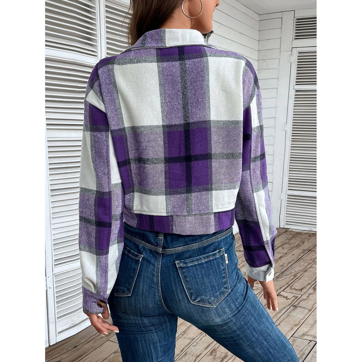 Perfee Plaid Button Up Drop Shoulder Cropped Jacket