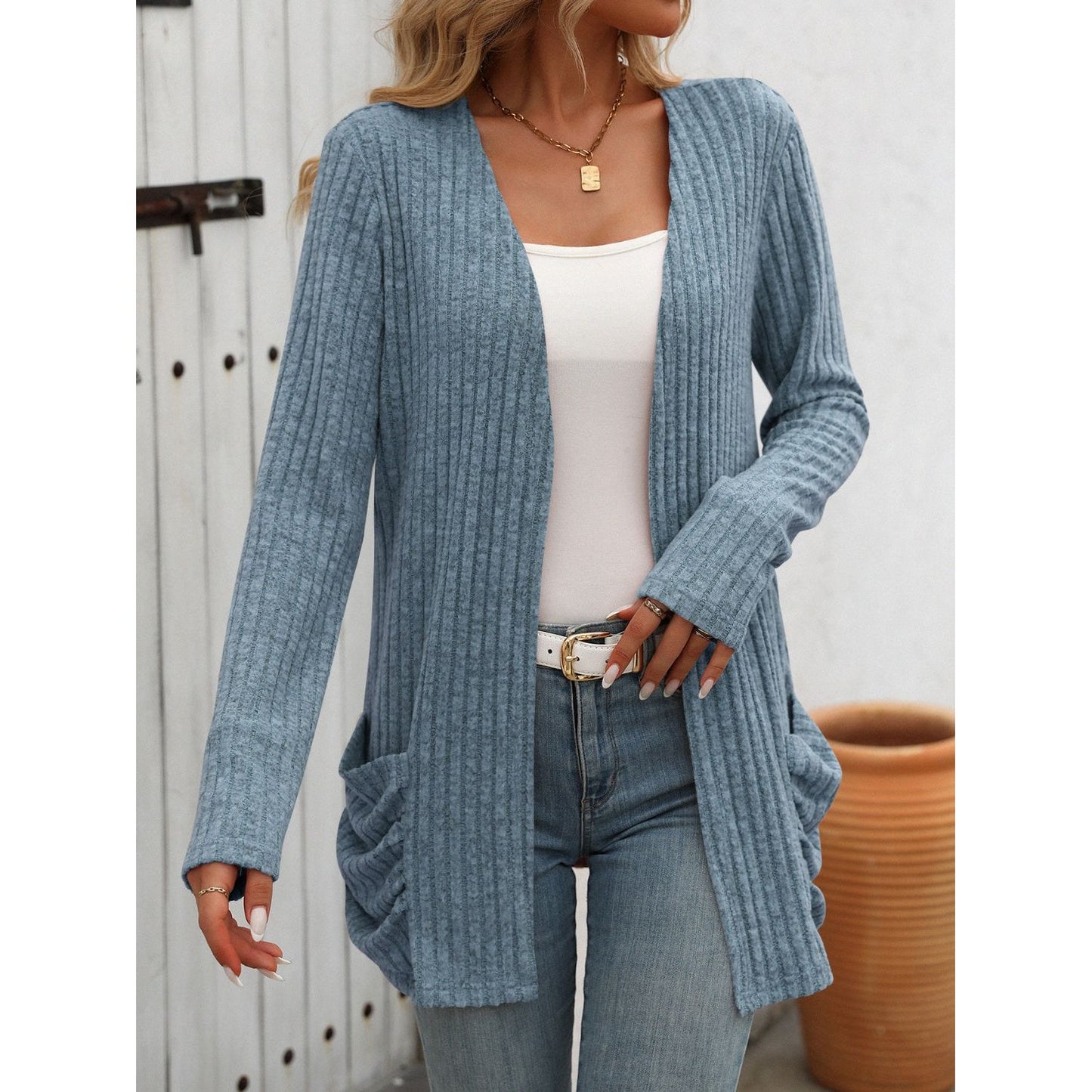 Open Front Long Sleeve Ribbed Cardigan