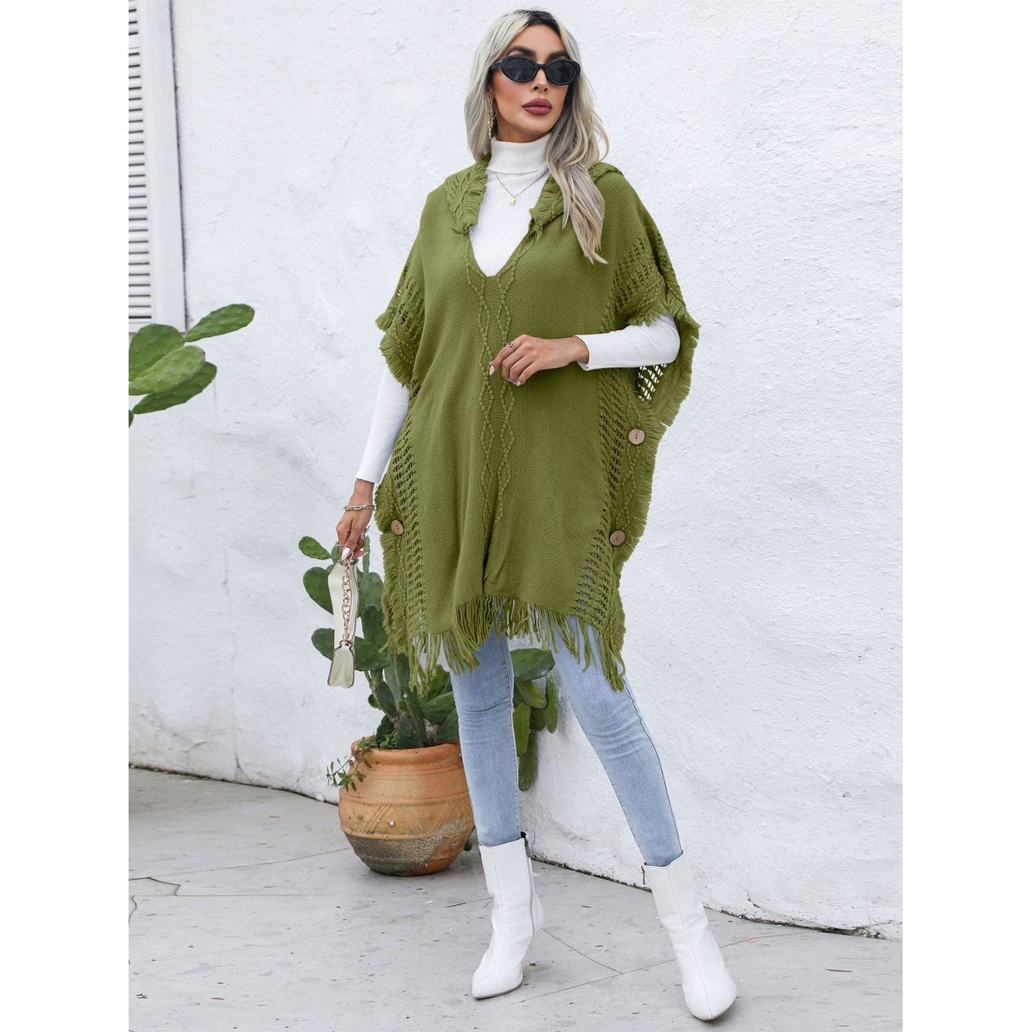 Fringe Trim Buttoned Hooded Poncho