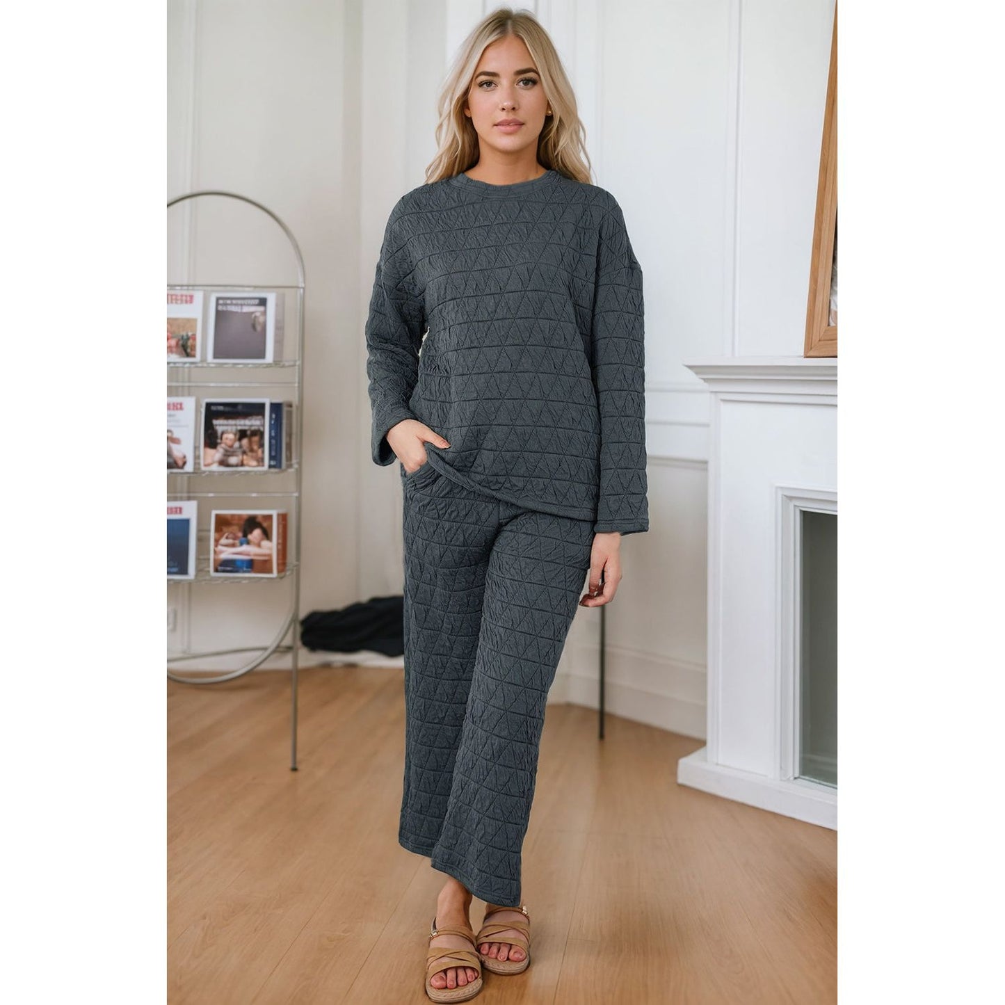 Round Neck Top and Pocketed  Pants Lounge Set