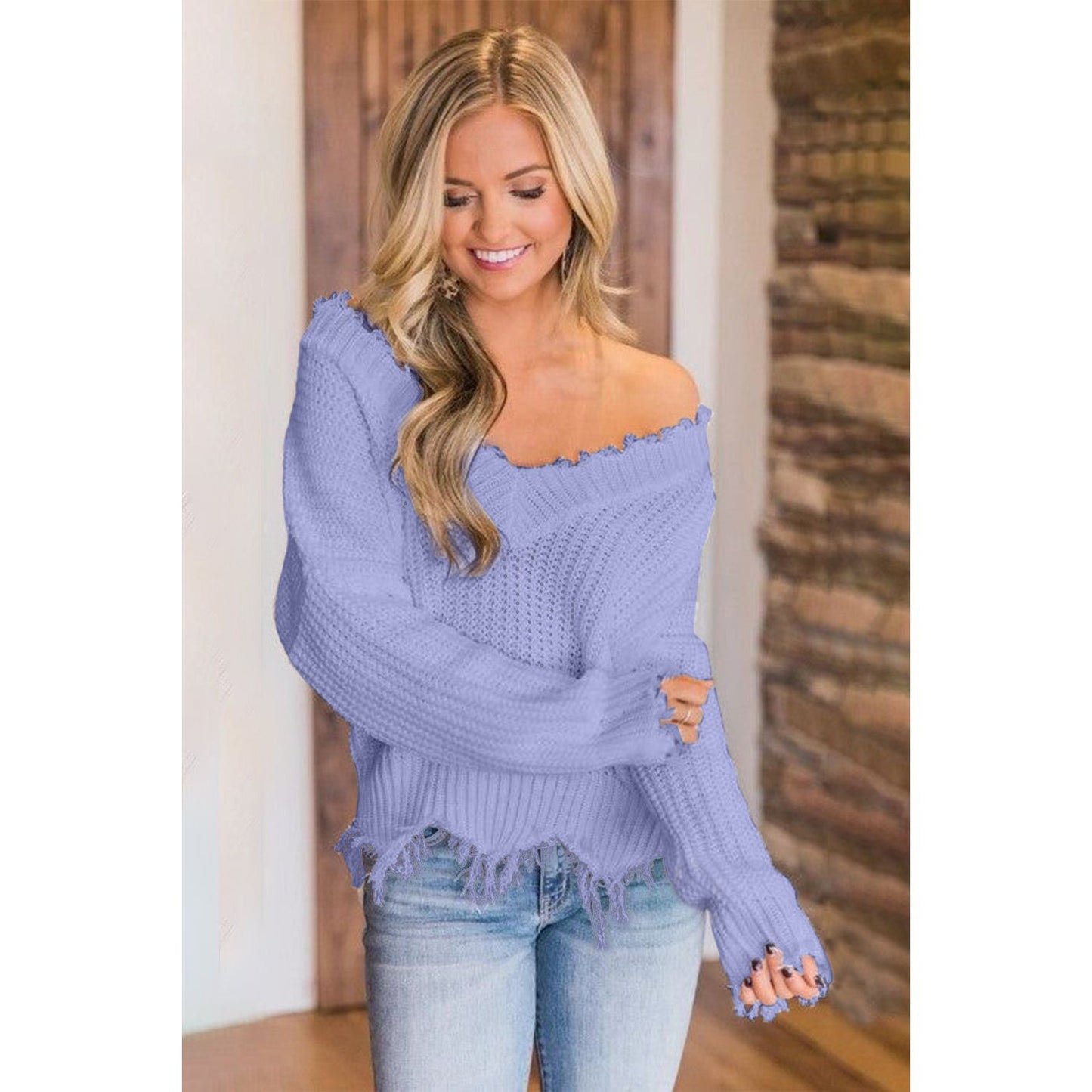 Frayed Hem Dropped Shoulder Sweater