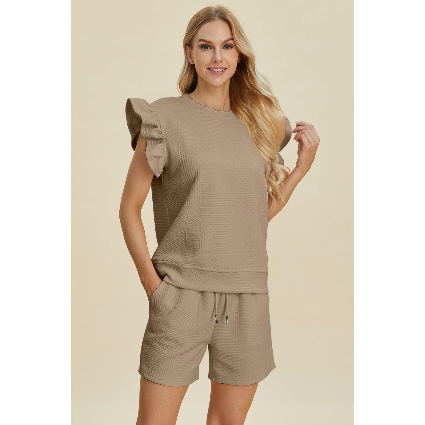 Double Take Full Size Texture Round Neck Ruffle Sleeve Top and Shorts Set