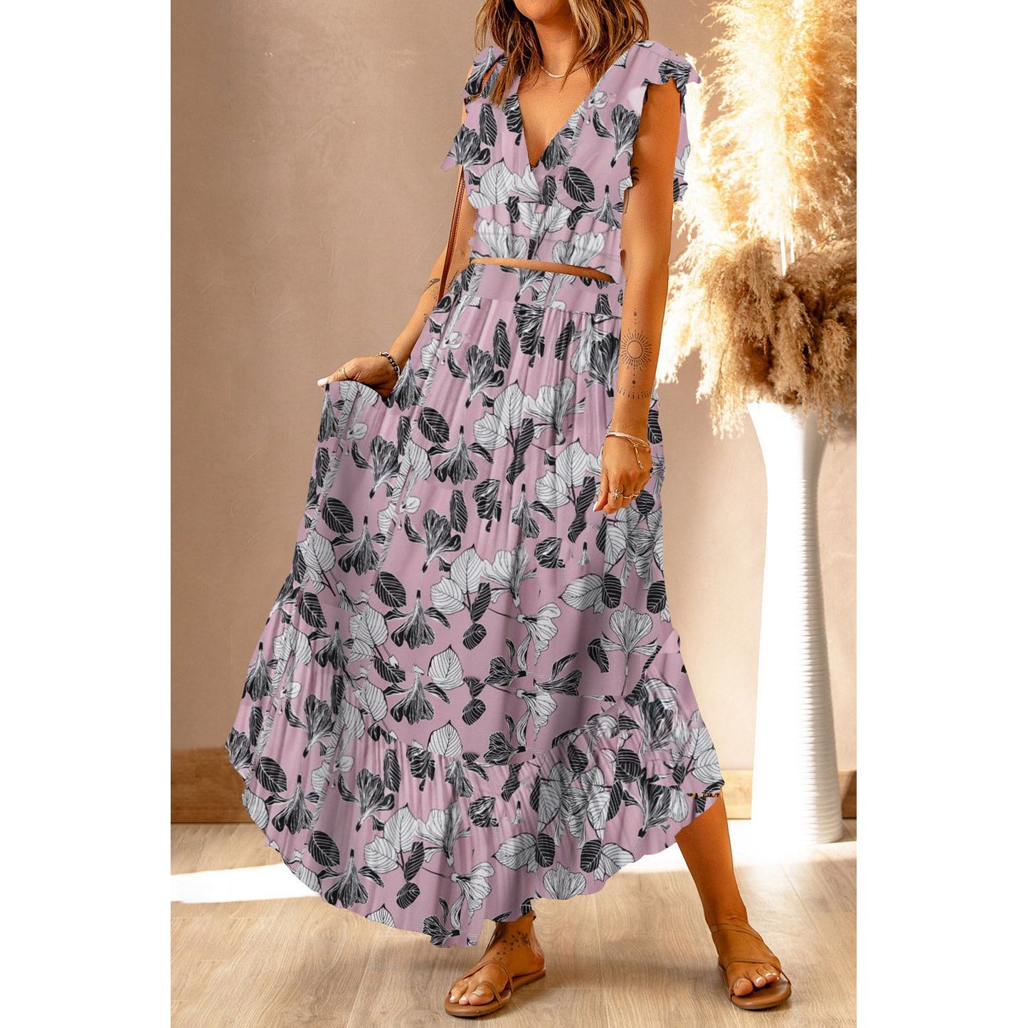 Printed Tie Back Cropped Top and Maxi Skirt Set