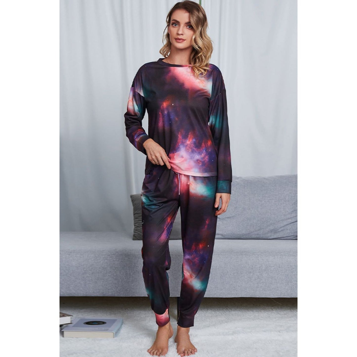 Shiny Tie-Dye Crewneck Top and Drawstring Waist Joggers Lounge Set