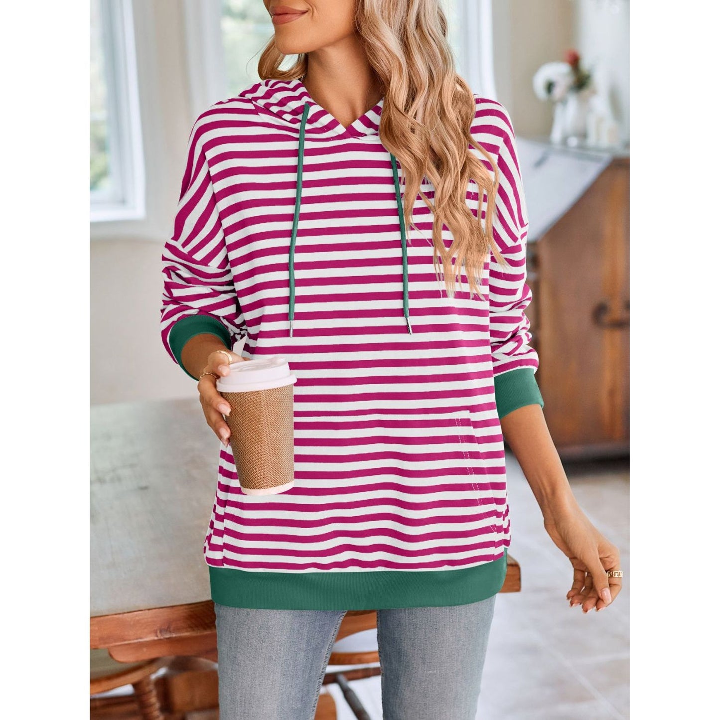 Lovelet Drawstring Striped Long Sleeve Hoodie