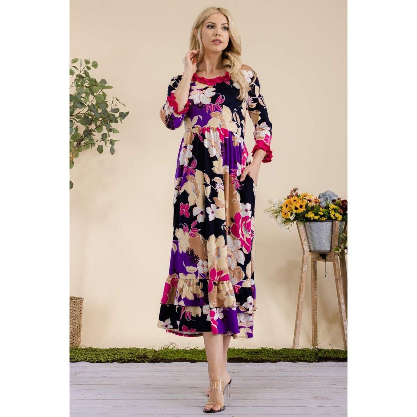 Celeste Full Size Floral Ruffled Midi Dress