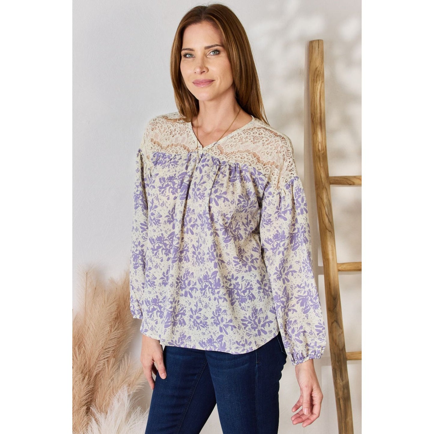 Hailey & Co Full Size Lace Detail Printed Blouse