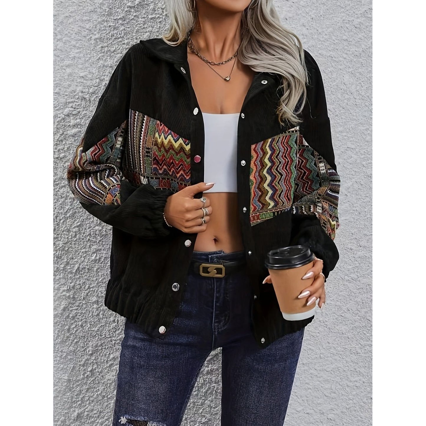 Embroidered Collared Neck Snap Down Jacket