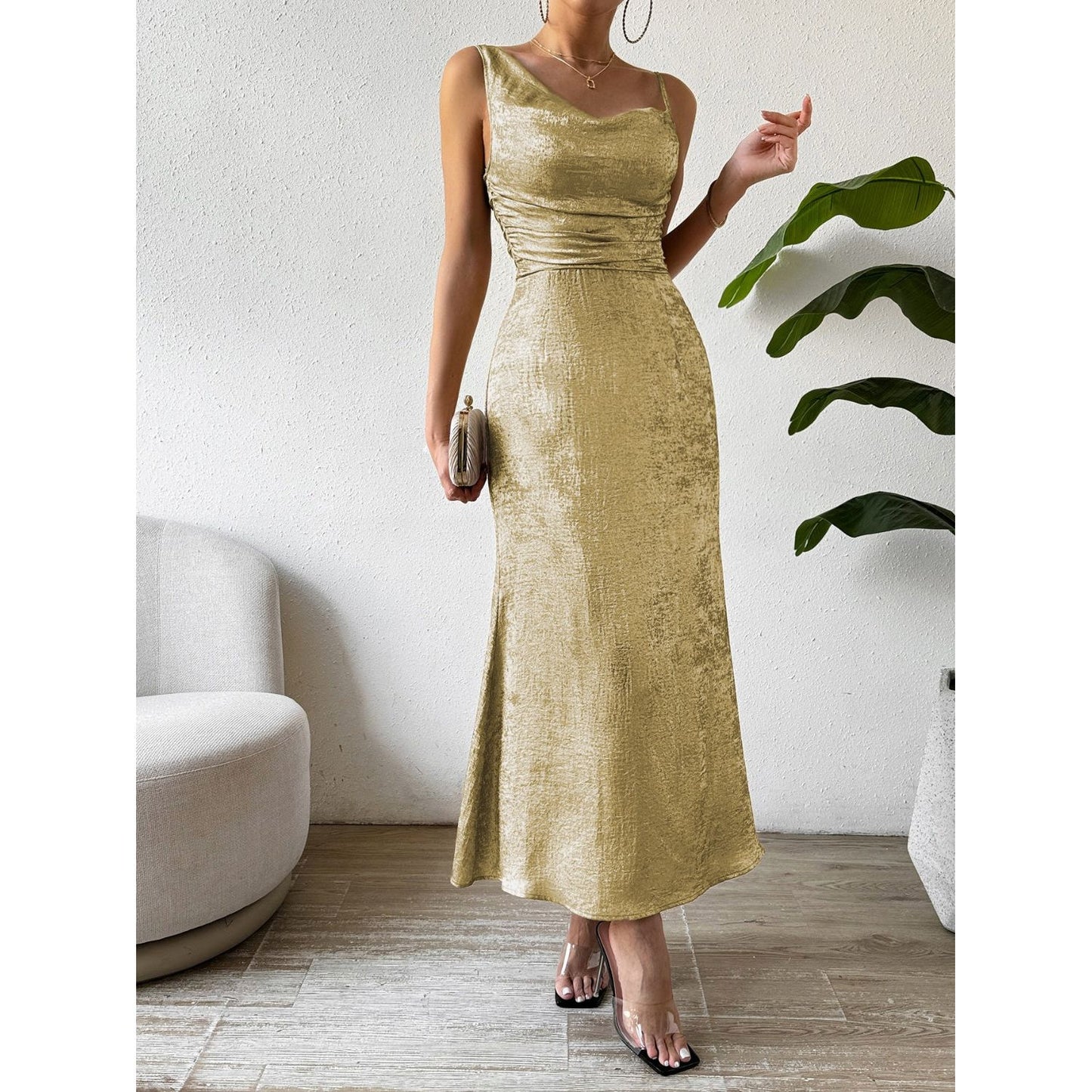 Honey Asymmetric Neck Sleeveless Midi Dress