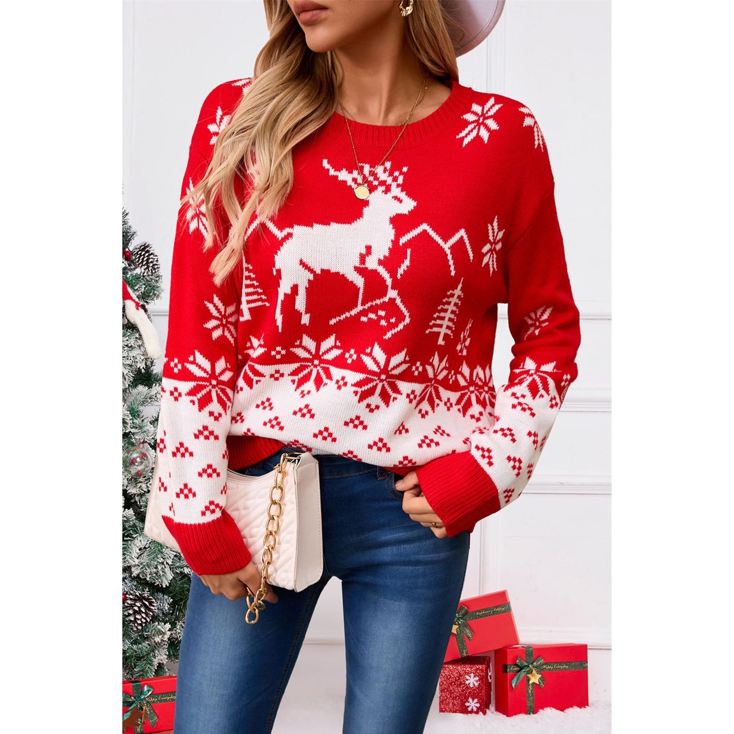 Angel Wings Deer Pattern Round Neck Long Sleeve Sweater