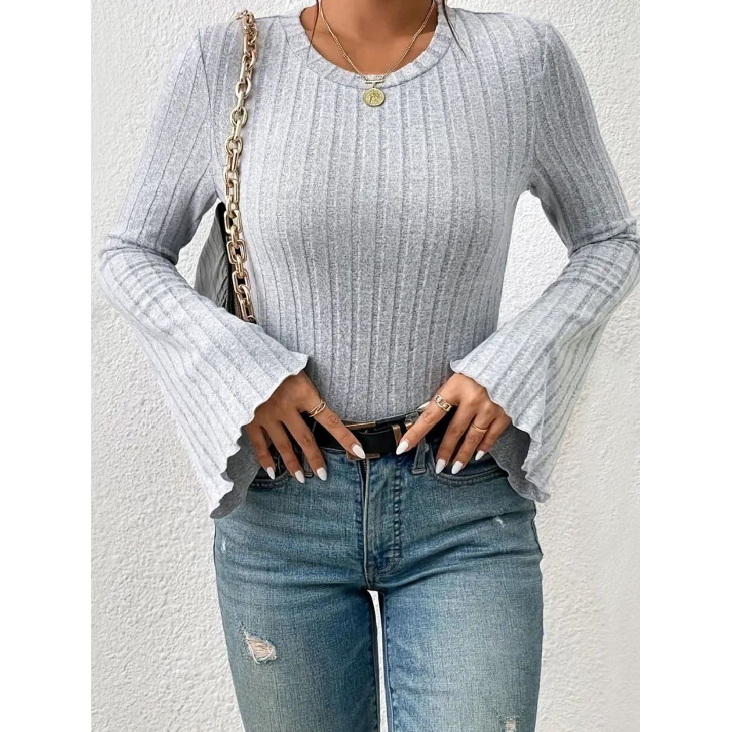 Ribbed Round Neck Flare Sleeve T-Shirt