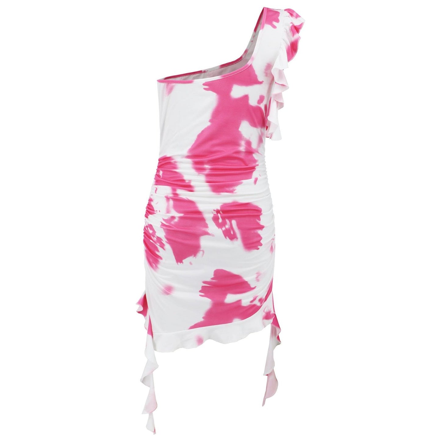 Ruffled Tie-Dye Single Shoulder Mini Dress