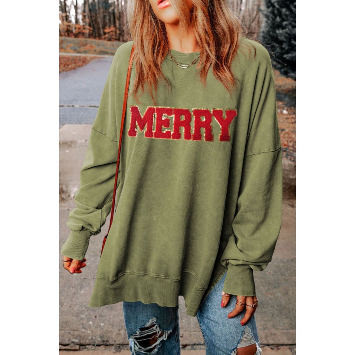 MERRY Side Slit Long Sleeve Sweatshirt