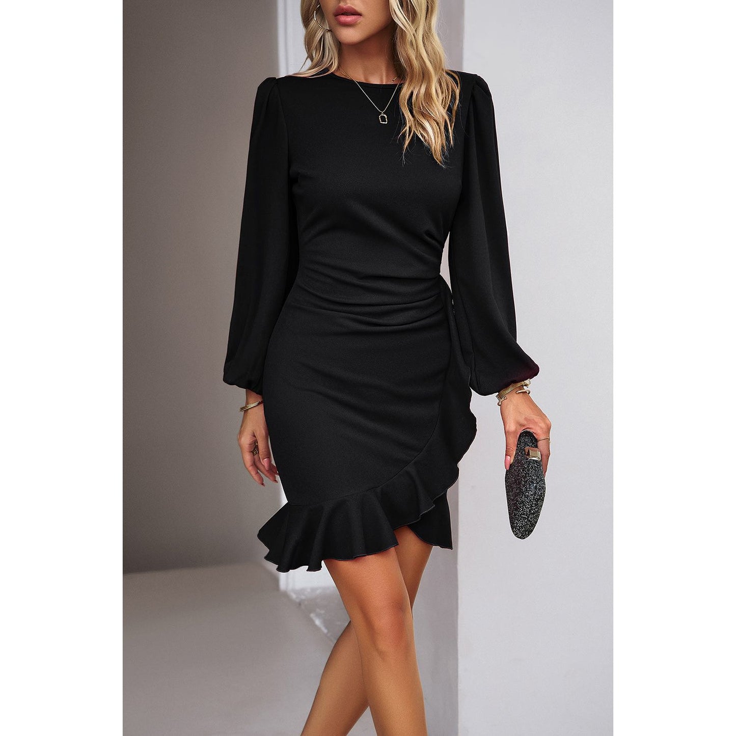 Devine Ruched Ruffled Balloon Sleeve Mini Dress