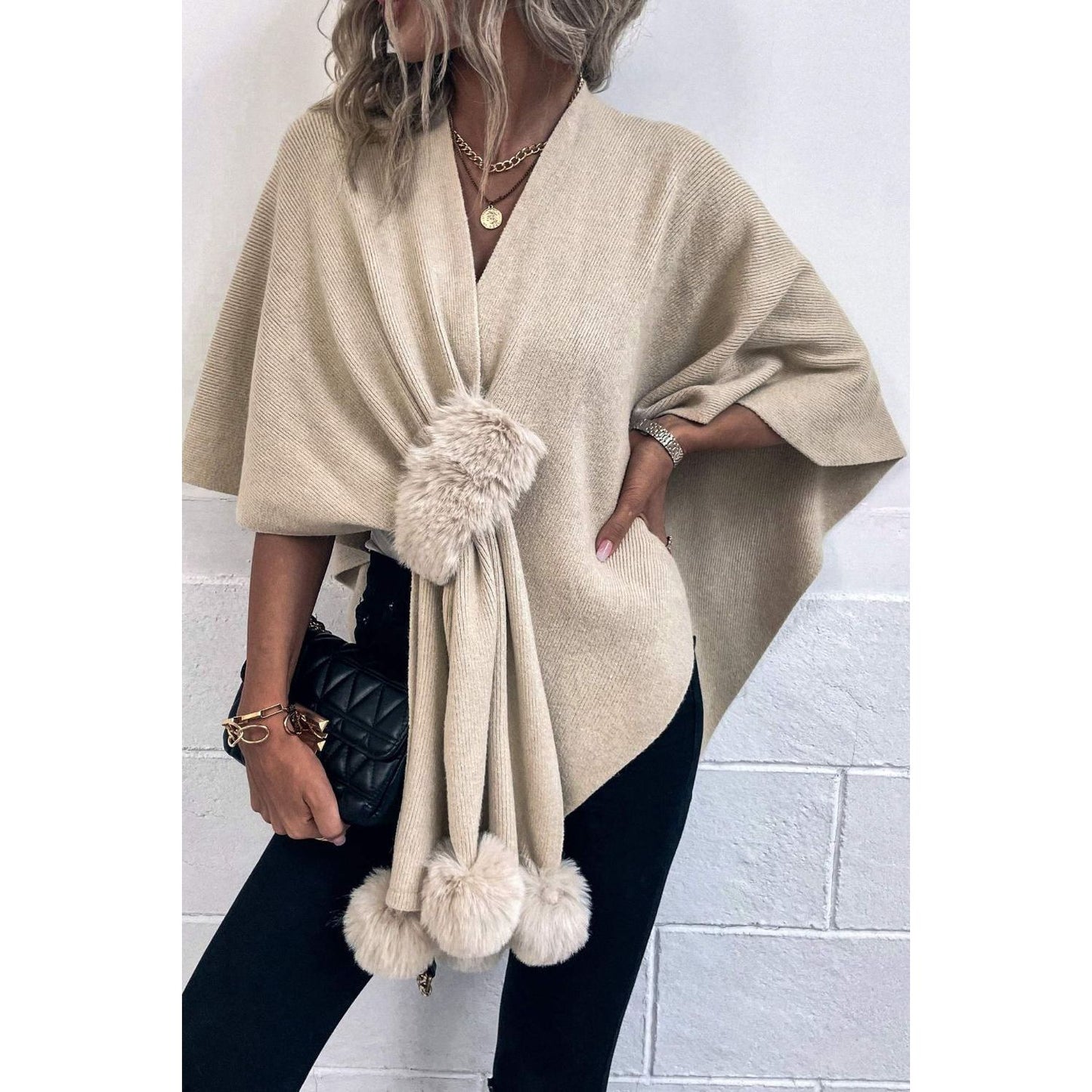 Surplice Neck Pom-Pom Trim Poncho