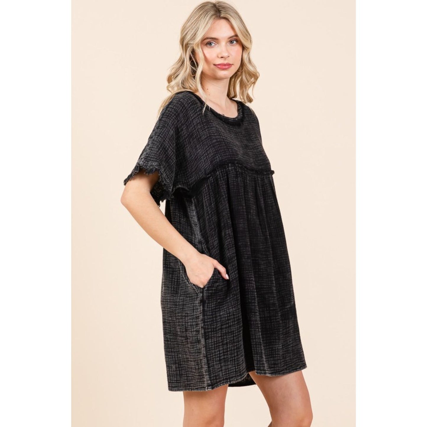 Culture Code Full Size Short Sleeve Babydoll Texture Dress with Pockets