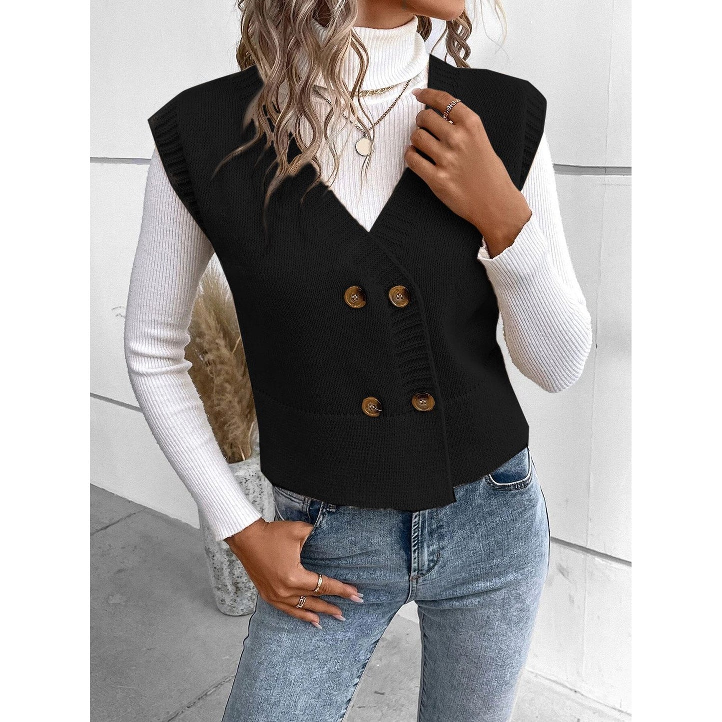 Full Size Button Up V-Neck Sweater Vest