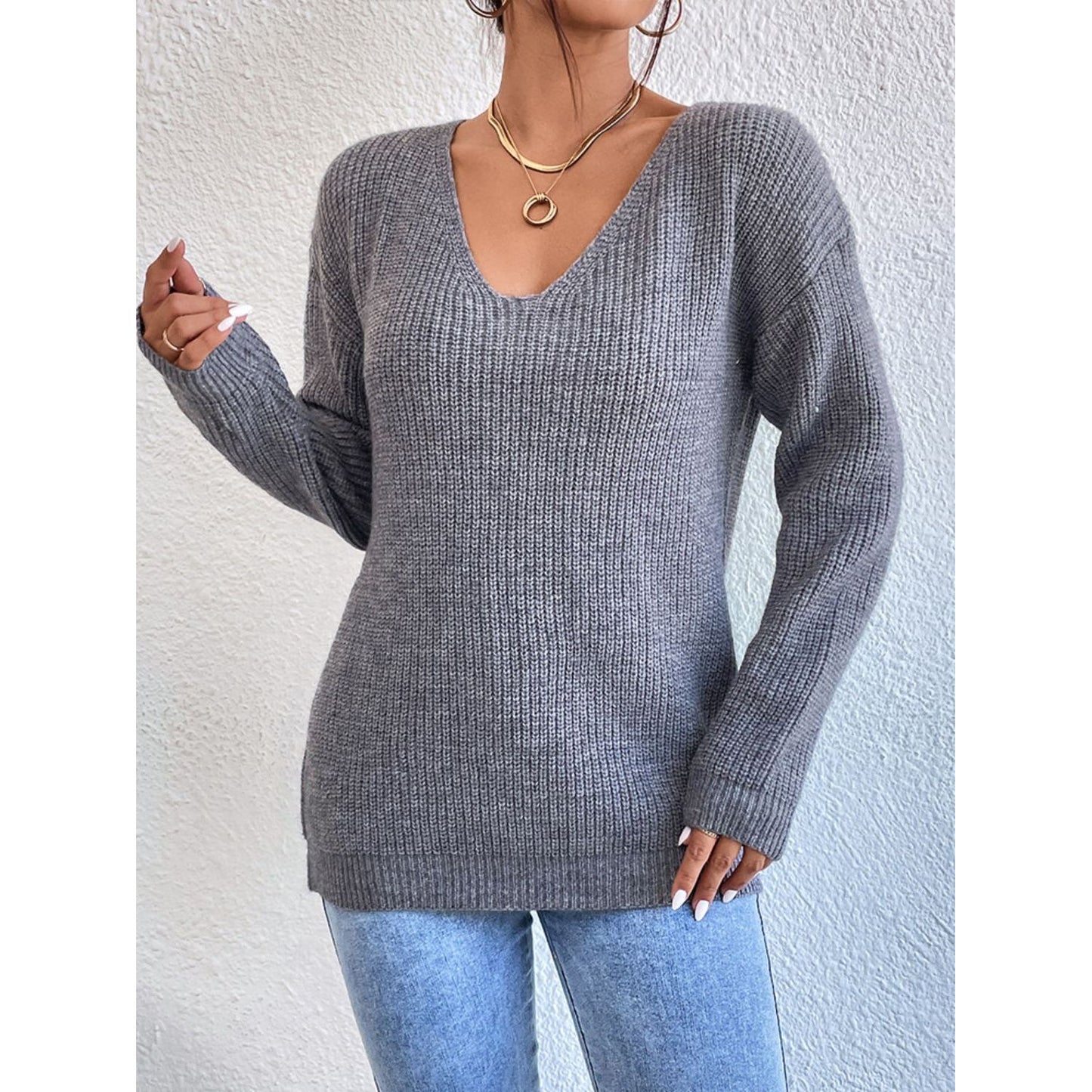 Crisscross V-Neck Long Sleeve Sweater